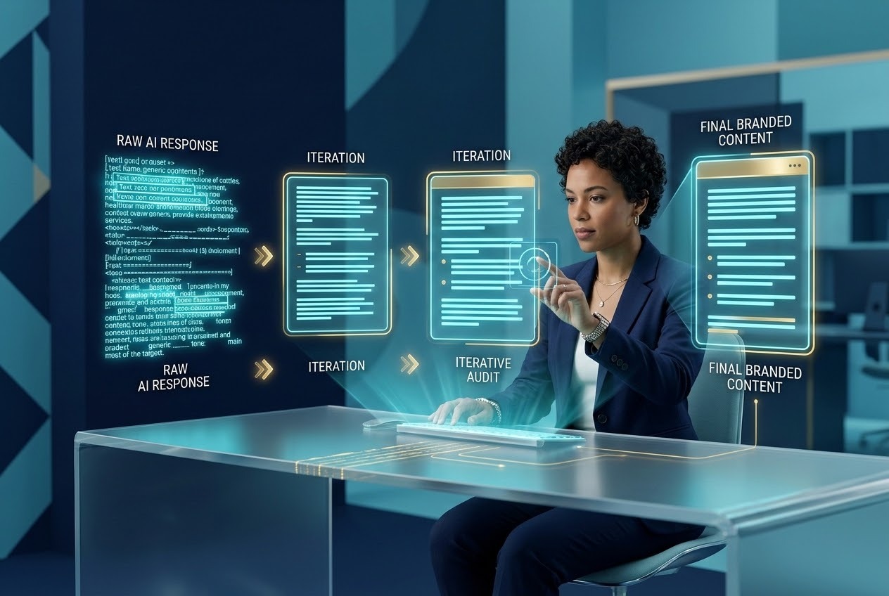 A modern, high-end 3D corporate illustration representing the 'Human-in-the-Loop' (HITL) concept in AI prompt engineering. A professional human expert is seen at a sleek, minimalist digital workstation, using a translucent holographic interface to fine-tune and polish glowing text blocks. The interface shows iterative versions of content becoming progressively more refined and structured. The aesthetic features a sophisticated palette of deep navy, cyan, and subtle gold accents, symbolizing professional quality, precision, and the synergy between human creativity and artificial intelligence.