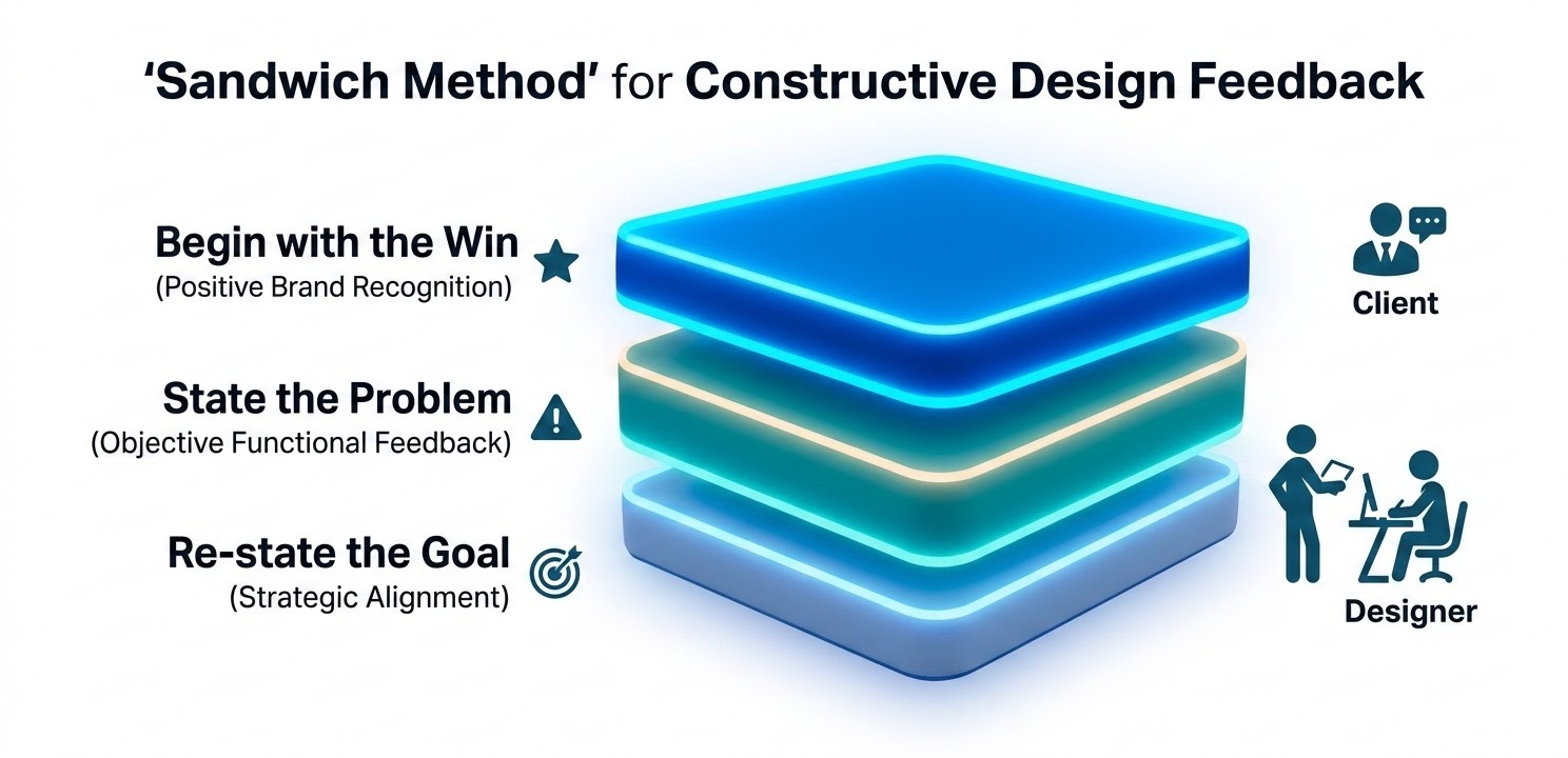 A professional and clean 3D infographic illustrating the 'Sandwich Method' for constructive design feedback. The image features a stylized sandwich with three distinct, glowing layers representing the feedback steps: The top layer is labeled 'Begin with the Win' (positive brand recognition), the middle layer is labeled 'State the Problem' (objective functional feedback), and the bottom layer is labeled 'Re-state the Goal' (strategic alignment). Icons of a client and designer collaborating appear alongside the graphic. The aesthetic is high-tech and strategic, utilizing a professional color palette of blues, teals, and white to match the document theme.
