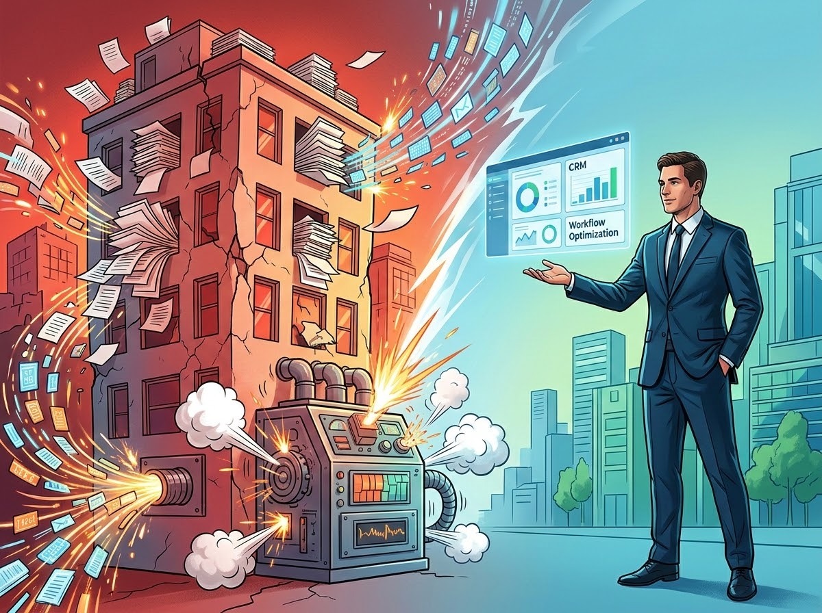 A conceptual visual metaphor showing a company's rapid growth outpacing its infrastructure. On one side, a cluttered and strained office building is physically bursting at the seams with stacks of papers and glowing digital data packets, symbolizing high-volume success. A complex machine in the center is emitting steam and sparks as it struggles under the pressure of too much input. In the foreground, a calm, professional business consultant in a sleek suit is gesturing towards a clear, organized digital dashboard displaying 'CRM' and 'Workflow Optimization', representing scalable solutions that bring order to the chaos. The color palette transitions from hectic reds and oranges on the strained side to cool, efficient blues and greens on the consultant's side.