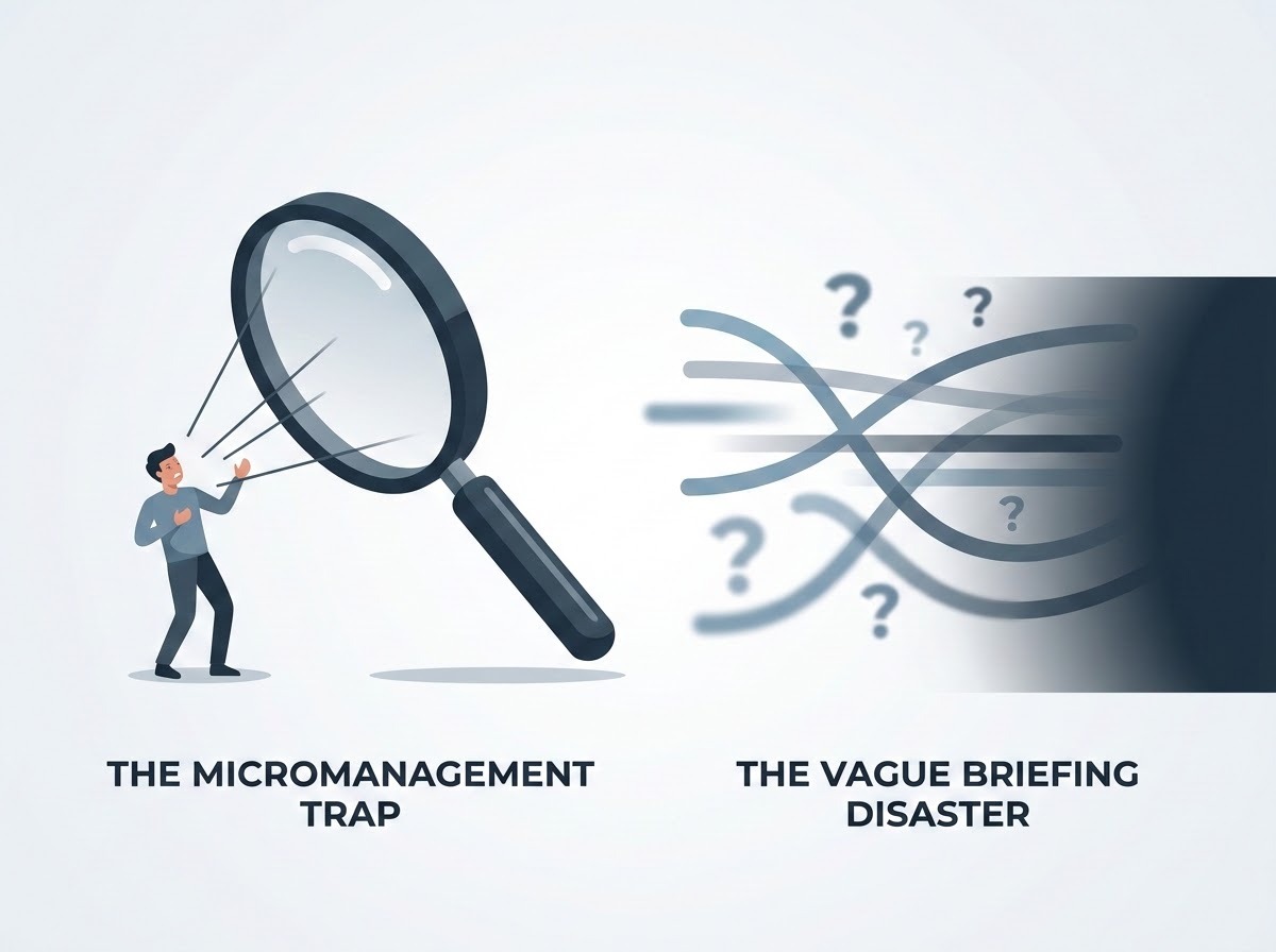 A professional and modern conceptual illustration representing business pitfalls. The image uses a clean, minimalist infographic style with a muted corporate color palette (blues and grays). On one side, a magnifying glass hovering too closely over a small figure symbolizes the 'Micromanagement Trap.' On the other side, a series of blurry, fading lines and question marks leading into a void represents the 'Vague Briefing Disaster.' The overall aesthetic is sleek, corporate, and high-quality.