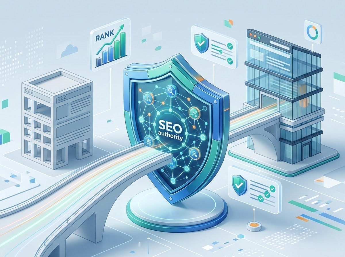 A professional 3D illustration representing technical SEO and website authority preservation during a redesign. The image features a stylized shield protecting a glowing network of 'SEO authority' nodes. A seamless architectural bridge or pathway connects an old website structure to a new, modern structure, symbolizing a successful URL migration. The aesthetic is clean and high-tech, using a palette of professional blues, greens, and white, with digital icons representing search engine rankings and data integrity.