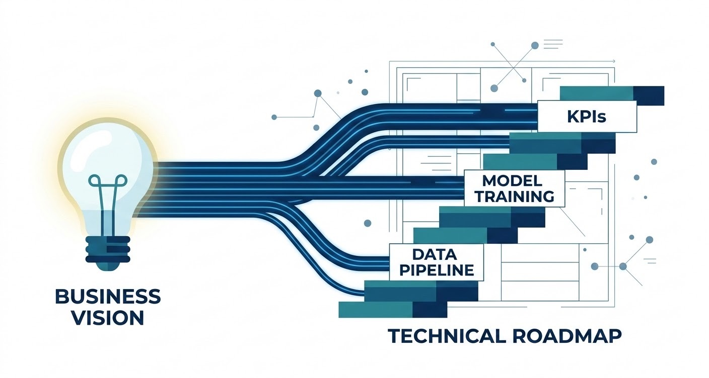 A professional and modern flat-style vector illustration representing the definition of machine learning needs. On the left, a glowing lightbulb symbolizes 'Business Vision'. From the lightbulb, a series of glowing blue lines flow toward the right, transforming into a structured architectural blueprint and a set of organized 3D building blocks. These blocks are labeled with terms like 'Data Pipeline', 'Model Training', and 'KPIs', forming a clear, ascending 'Technical Roadmap'. The background is clean and corporate, utilizing a color palette of deep blues, teals, and white to emphasize clarity, structure, and the translation of abstract ideas into actionable project milestones.