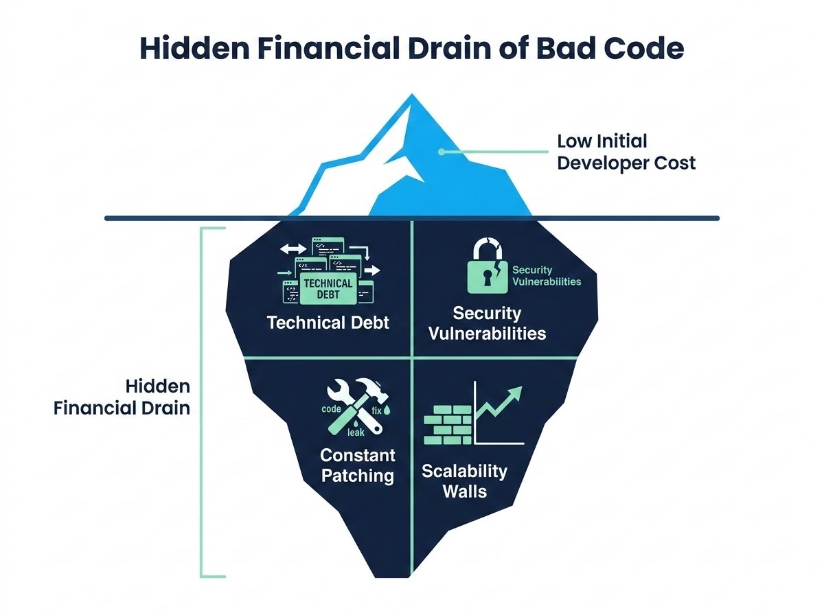 A clean, professional B2B flat vector infographic using an iceberg metaphor to illustrate the 'Hidden Financial Drain of Bad Code'. Above the waterline, a small, bright blue tip is labeled 'Low Initial Developer Cost'. Below the waterline, a much larger, darker navy section representing the 'Hidden Financial Drain' is visible. This submerged part is subdivided into clearly labeled segments: 'Technical Debt', 'Security Vulnerabilities', 'Constant Patching', and 'Scalability Walls'. The style is modern, minimalist, and suitable for a corporate report, using navy, white, and mint green accents.