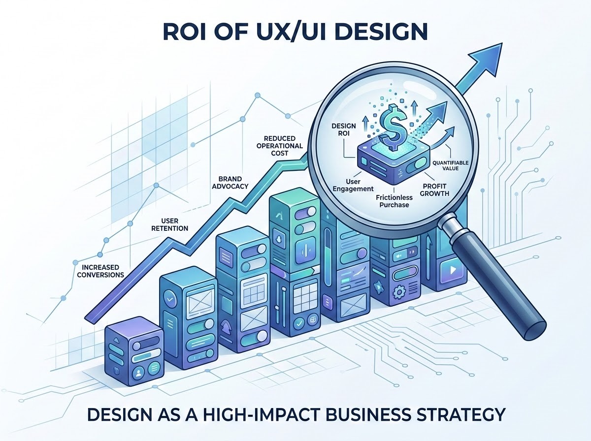 A professional conceptual illustration representing the ROI of design. It features a stylized 3D bar chart or growth graph where the bars are composed of colorful geometric UI elements (buttons, toggles, wireframe segments). A magnifying glass zooms in on a specific data point that transforms into a currency symbol, symbolizing design as a business lever that converts into profit and quantifiable value. The overall aesthetic is clean, corporate, and tech-focused with a blue and white color palette.