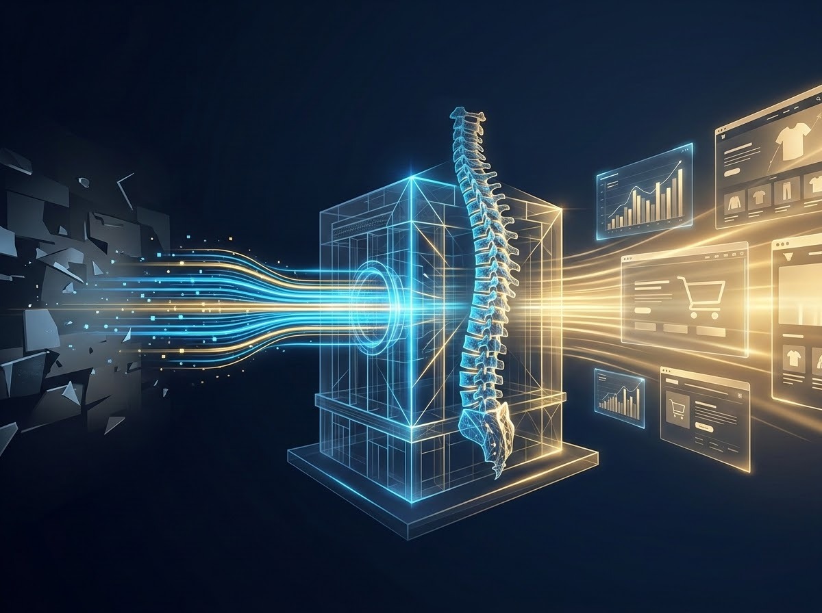 A sophisticated digital artwork showing data as the luminous, liquid fuel and crystalline backbone of a modern e-commerce engine. On the left, a dimly lit, chaotic environment represents reactive problem-solving. A glowing pipeline of vibrant blue and gold data streams flows into a central, translucent geometric structure resembling a human spine or architectural foundation. On the right, the environment becomes bright, organized, and expansive, symbolizing proactive business growth. The scene features floating holographic charts, sleek silhouettes of retail interfaces, and a sense of strategic clarity. The style is professional and high-tech, using a palette of deep navy, electric blue, and radiant gold.