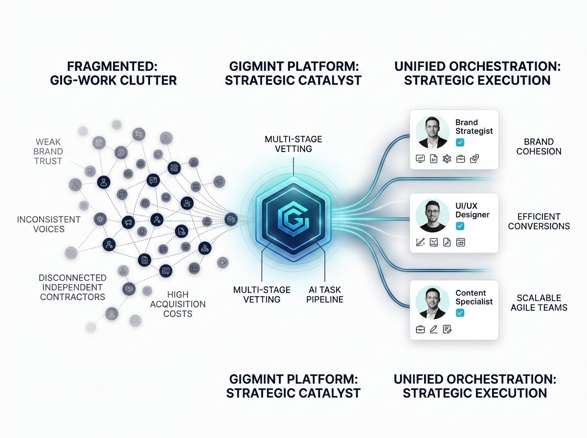 A professional, tech-forward conceptual illustration depicting a strategic transformation for a CMO. On the left, a 'fragmented' side shows a chaotic, scattered network of disconnected independent contractors represented by dim, faded icons. In the center, the GigMint platform acts as a glowing, polished hub or catalyst. From this central hub, the right side of the image transforms into a 'unified orchestration' of top-tier talent, visualized as vibrant, high-quality professional profiles connected by elegant, structured lines of light. The overall aesthetic is sleek and corporate, emphasizing a transition from gig-work clutter to strategic execution and brand cohesion. Professional navy, cyan, and clean white color palette.