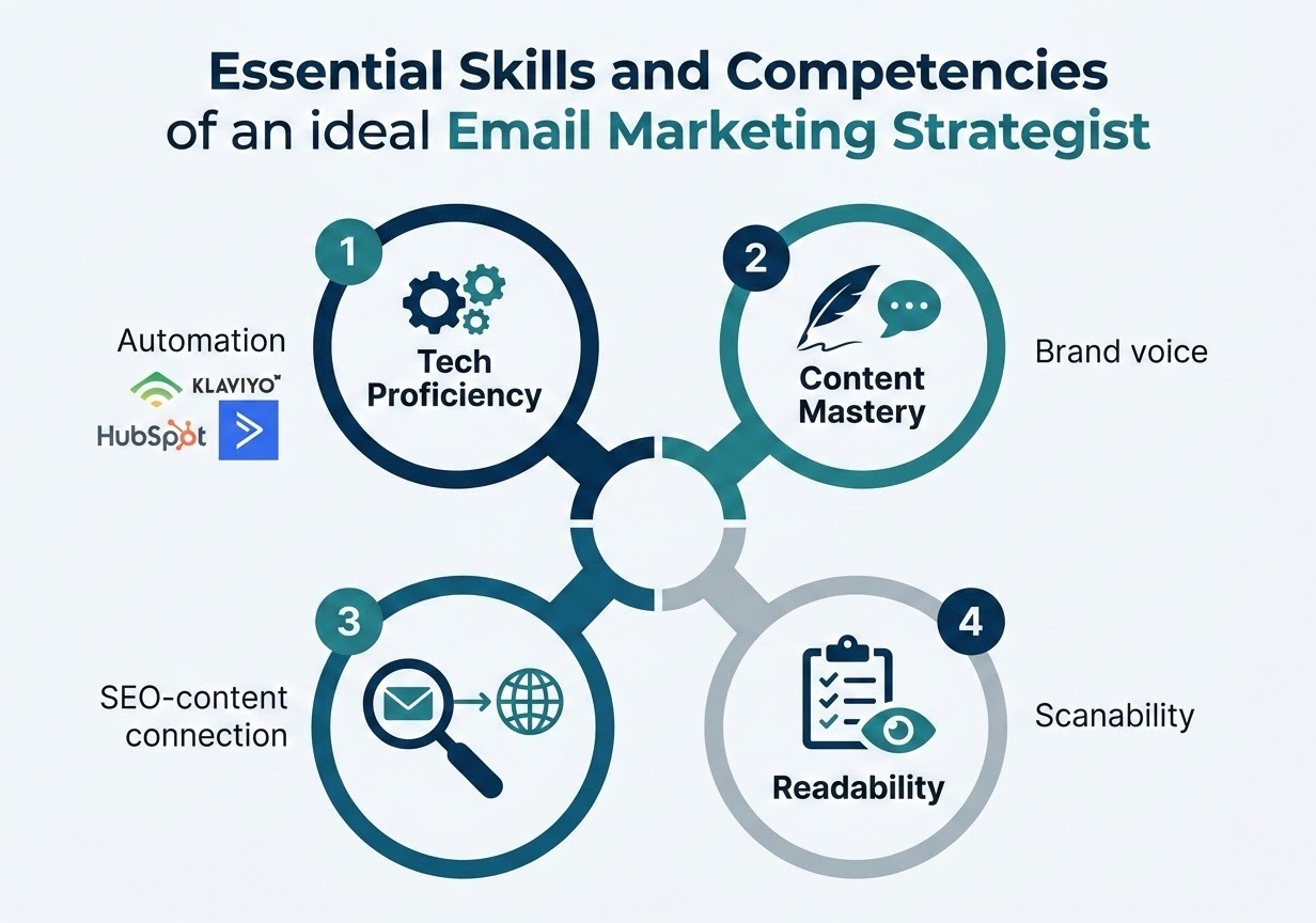 A professional, modern infographic-style illustration visualizing the 'Essential Skills and Competencies' of an ideal Email Marketing Strategist. The image features a central hub with four clean, interconnected circular nodes. Node 1: 'Tech Proficiency' with icons of automation gears and logos for Klaviyo, HubSpot, and ActiveCampaign. Node 2: 'Content Mastery' with a quill and speech bubble representing brand voice. Node 3: 'SEO & Strategy' with a magnifying glass connecting an envelope to a globe. Node 4: 'Readability' with a checklist and eye icon. The design is cohesive with previous illustrations, using a corporate color palette of deep blue, teal, and soft grey.