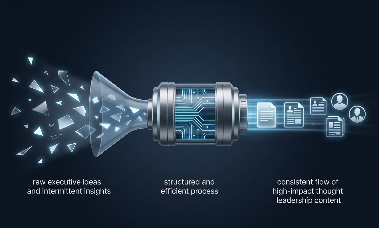 A high-quality, professional conceptual 3D illustration of an 'Executive Content Engine'. On the left, scattered and glowing geometric shards representing raw executive ideas and intermittent insights are being drawn into a sleek, translucent architectural funnel. The funnel leads into a sophisticated, modern metallic 'engine' with glowing blue light circuits, symbolizing a structured and efficient process. On the right, the engine emits a perfectly aligned, glowing stream of polished document icons and professional profile silhouettes, representing a consistent flow of high-impact thought leadership content. The background is a minimalist, dark corporate navy gradient, emphasizing a sense of industry authority and strategic clarity.