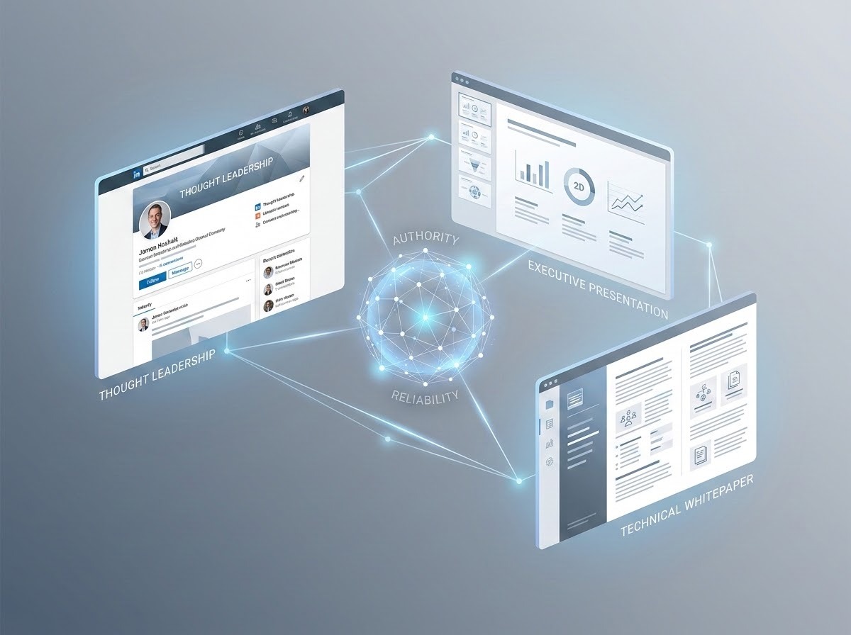A sleek, professional conceptual illustration showing a unified brand identity across three floating digital screens: one displaying a polished LinkedIn profile (visualizing thought leadership), another showing a high-end keynote slide with minimalist charts (executive presentations), and a third showing a clean technical whitepaper layout. The screens are connected by glowing geometric lines to a central core, symbolizing authority and reliability through visual and verbal consistency. Soft blue and professional grey color palette.
