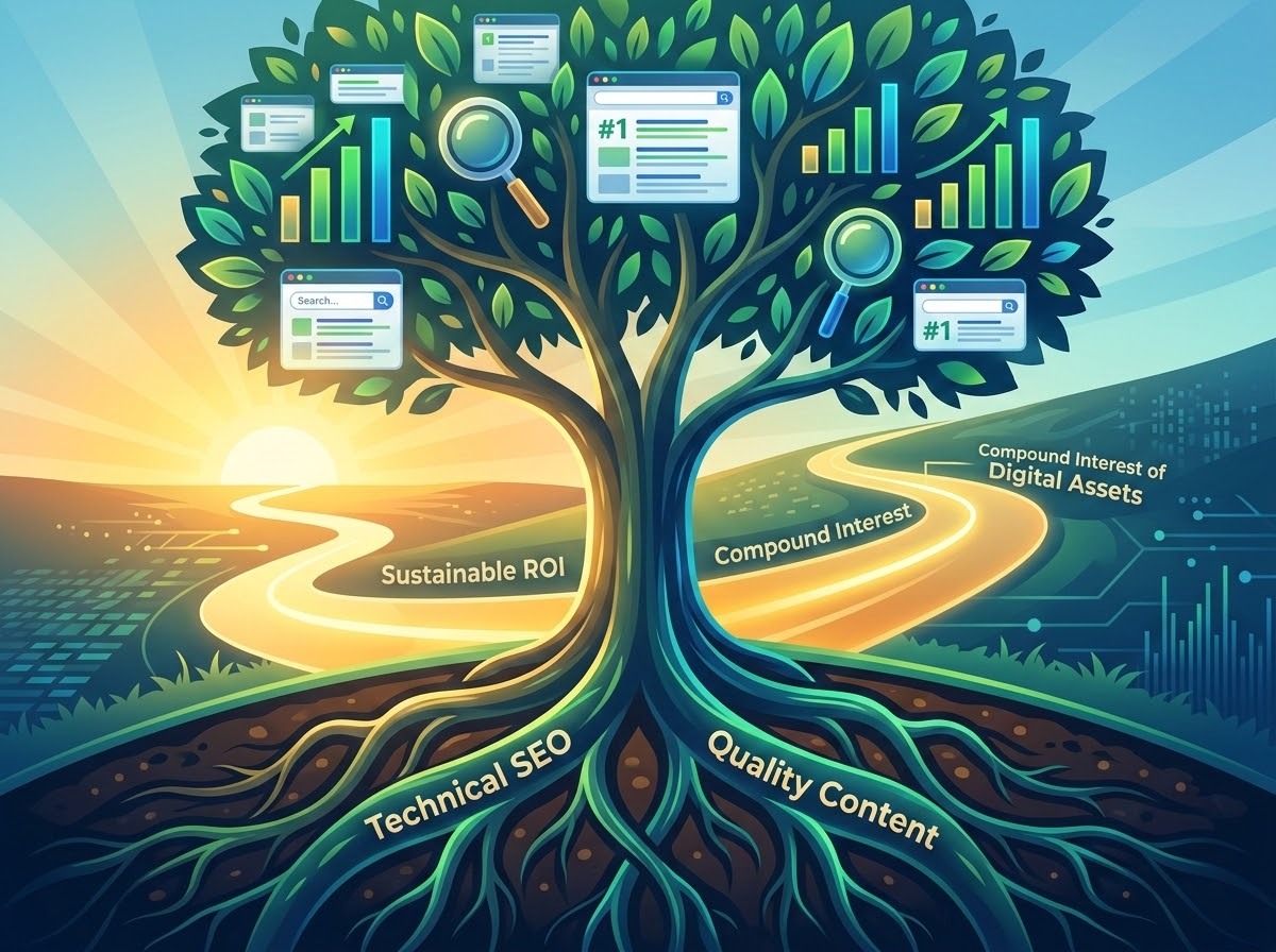 A professional and inspiring digital illustration representing long-term SEO growth. A lush, growing digital tree where the leaves are represented by glowing search engine interface elements and rising bar charts. The roots are deep and labeled with 'Technical SEO' and 'Quality Content,' firmly planted in a fertile digital landscape. In the background, a sunrise illuminates a path leading upward, symbolizing sustainable ROI and the compound interest of digital assets. The style is modern, clean, and corporate yet vibrant.