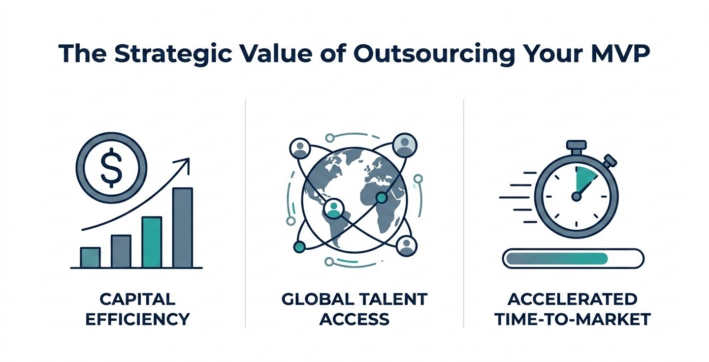 A professional, modern infographic titled 'The Strategic Value of Outsourcing Your MVP'. The visual is divided into three clear segments: 'Capital Efficiency' (represented by a growing bar chart and a dollar sign icon), 'Global Talent Access' (represented by a stylized globe with connecting nodes), and 'Accelerated Time-to-Market' (represented by a high-speed arrow or stopwatch icon). The design uses a minimalist, flat aesthetic with a corporate color palette of navy blue, teal, and slate grey, maintaining a clean and sophisticated business style consistent with the rest of the document.