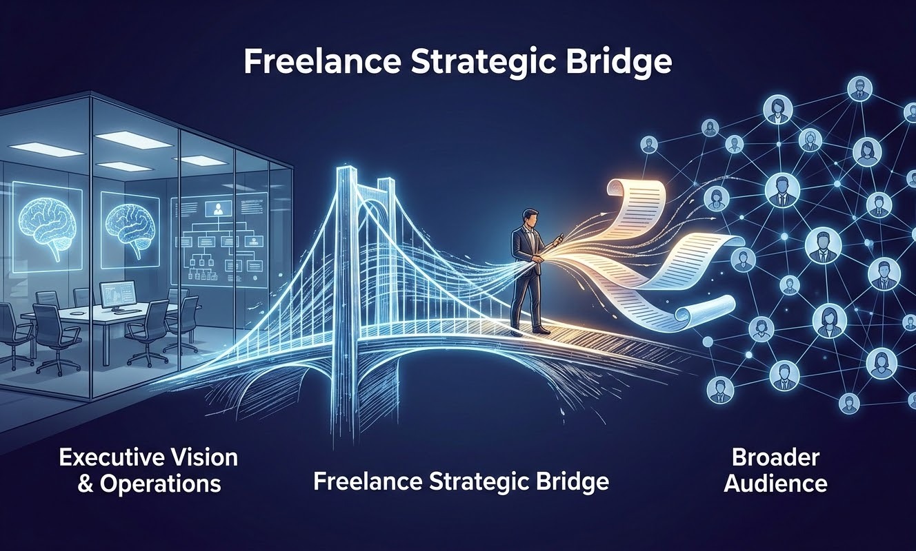 A high-quality, professional conceptual 3D illustration of a 'Freelance Strategic Bridge'. In the center, a stylized, glowing architectural bridge made of luminous data streams and pen-stroke textures spans a gap between two distinct zones. On the left side, a sleek, modern glass office space represents 'Executive Vision & Operations', featuring glowing brain silhouettes and complex organizational charts. On the right side, a vast, interconnected digital network with numerous professional profile icons represents the 'Broader Audience'. A professional writer figure is depicted as a focal point on the bridge, skillfully weaving raw data threads into polished, radiant scrolls of content that flow toward the audience. The background is a minimalist, deep corporate indigo gradient, symbolizing authority, scalability, and specialized precision.