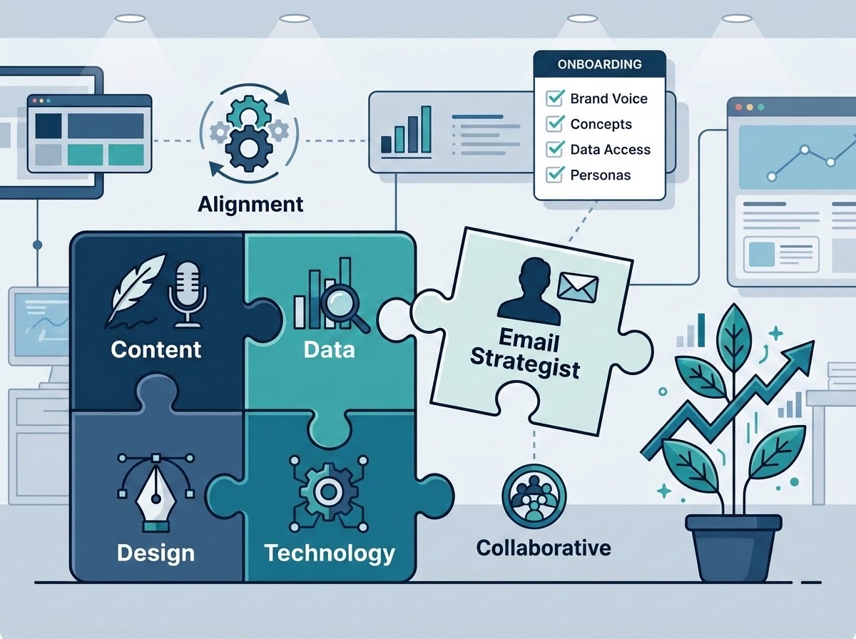A professional, infographic-style illustration visualizing the seamless integration of an Email Marketing Strategist into an existing team workflow. The image depicts a clean, modern workspace or digital pipeline where several puzzle pieces&mdash;representing 'Content', 'Data', and 'Design'&mdash;are already joined, and a new, distinct puzzle piece labeled 'Email Strategist' is sliding perfectly into place. Icons for alignment (gears), onboarding (a checklist), and collaborative growth (a rising plant or arrow) are integrated into the design. The color palette uses professional blues, teals, and soft greys to match a corporate aesthetic.