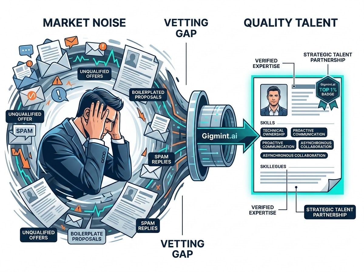 A clean, modern, and professional conceptual illustration representing the 'Vetting Gap' and 'market noise'. On one side, an overwhelmed business executive is surrounded by a chaotic, digital vortex of overflowing inboxes, spam icons, and blurred, low-quality resume documents. This is contrasted with a clear, focused path where a single high-quality talent profile is highlighted. The color palette uses professional blues, greys, and sharp accents of orange or teal. The aesthetic is futuristic and corporate, symbolizing the struggle of finding quality talent in a cluttered gig economy.