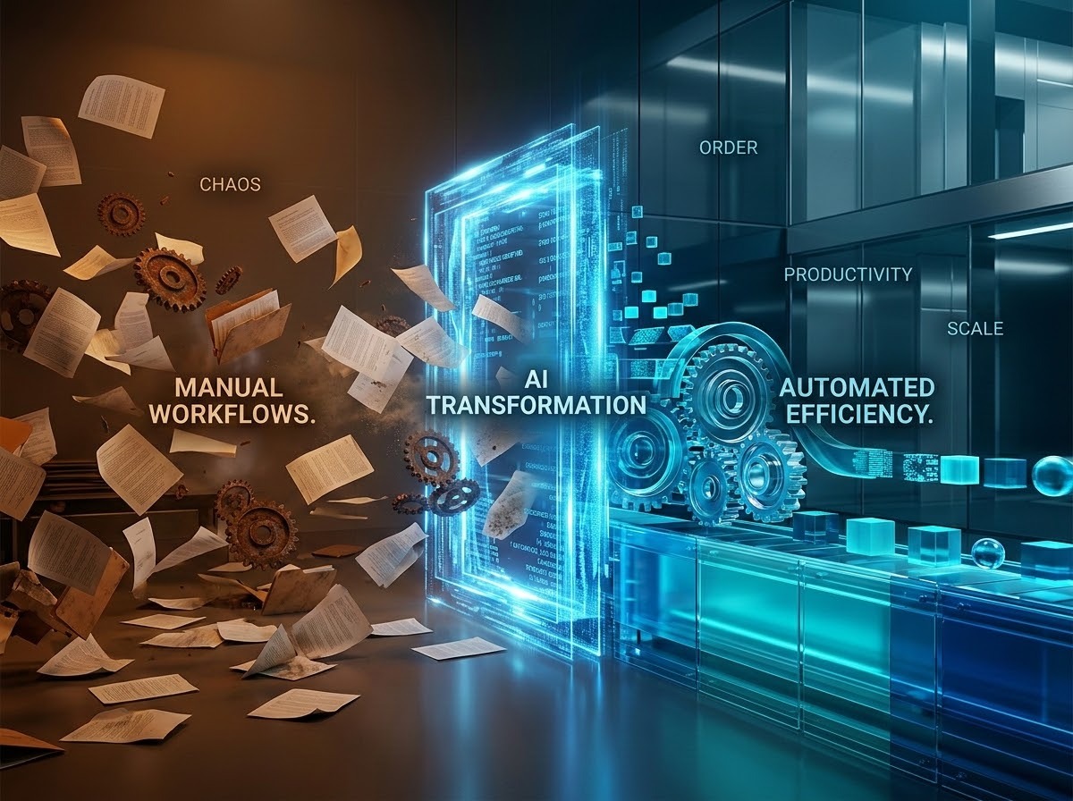 A professional and conceptual 3D illustration of business operational efficiency. On the left side, a cluttered and chaotic space with floating loose papers and gears representing manual workflows. These elements flow through a glowing, translucent blue digital gateway (representing AI transformation) and emerge on the right as a perfectly aligned, sleek, and high-tech automated assembly line of glowing data blocks and geometric shapes. The color palette transitions from warm amber to cool, professional cyan and deep blue, symbolizing productivity, scale, and professional growth in a corporate environment.