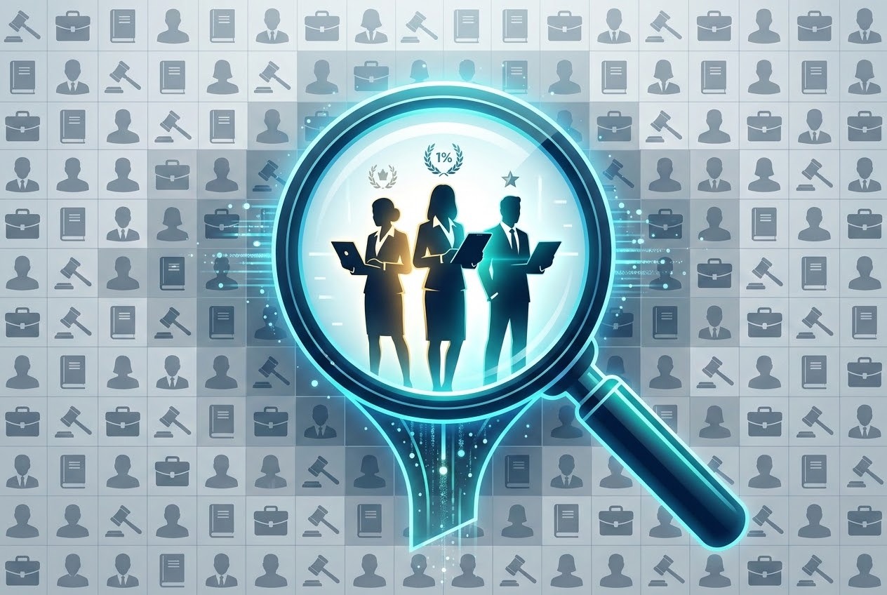 A professional and modern business illustration representing the vetting challenge of finding top-tier legal talent. The visual depicts a digital funnel or magnifying glass filtering through a vast, complex grid of generic icons to highlight a few glowing, high-quality specialized legal expert silhouettes. The aesthetic is clean and sleek, using a tech-forward color palette to symbolize verification, precision, and the 1% standard in a crowded digital marketplace.