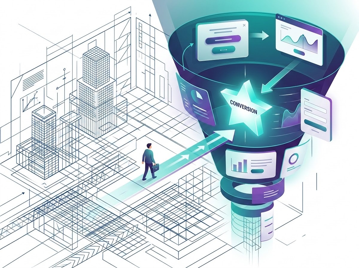 A sophisticated conceptual illustration representing Conversion Rate Optimization (CRO) through technical design. The image features a stylized architectural blueprint that blends into a high-end digital interface. Geometric lines and 3D wireframe structures intersect with elegant aesthetic elements like vibrant gradients and smooth typography. Arrows and glowing light paths guide a user avatar through a structured funnel of floating UI modules toward a central 'conversion' star. The palette uses professional teals, deep purples, and clean whites, symbolizing the fusion of technical precision and visual engagement.