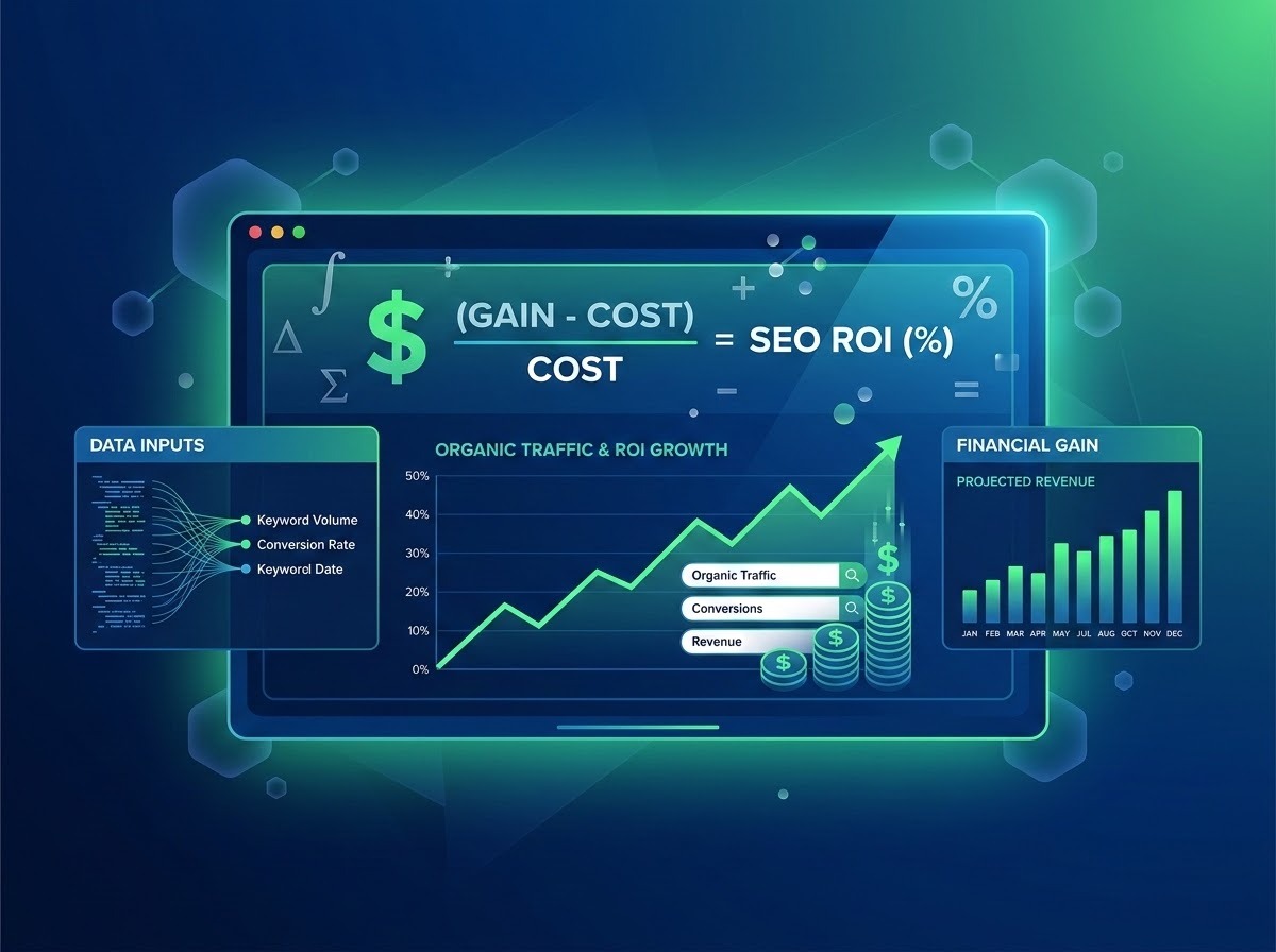 A clean and modern digital illustration focusing on the mathematical and data-driven side of SEO ROI. The image features a sleek calculator or digital dashboard displaying financial formulas, rising line graphs, and currency symbols intertwined with search bar interfaces. Translucent mathematical symbols and data points float in the background, set against a professional color palette of deep blues and vibrant greens. The overall aesthetic is precise, analytical, and highlights the transition from complex data to clear financial gain.