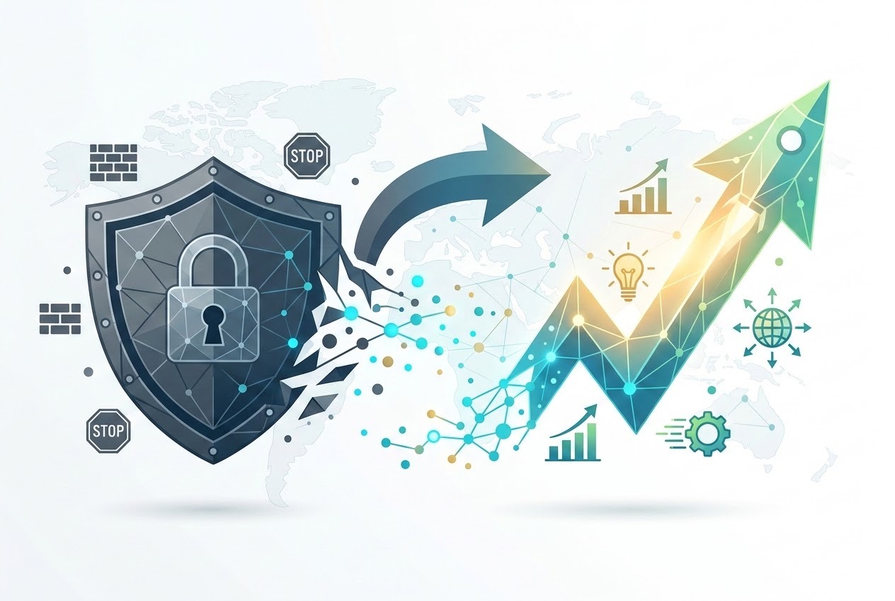 A modern, professional illustration depicting 'Compliance as a Catalyst for Growth'. The visual shows a transition from a static, defensive shield or barrier on the left into a dynamic, glowing upward arrow or rocket silhouette on the right. This transformation represents compliance evolving into a strategic asset that fuels innovation, market expansion, and business agility. The aesthetic is clean and business-oriented, utilizing interconnected nodes and sleek geometric patterns to convey a sense of momentum and growth.