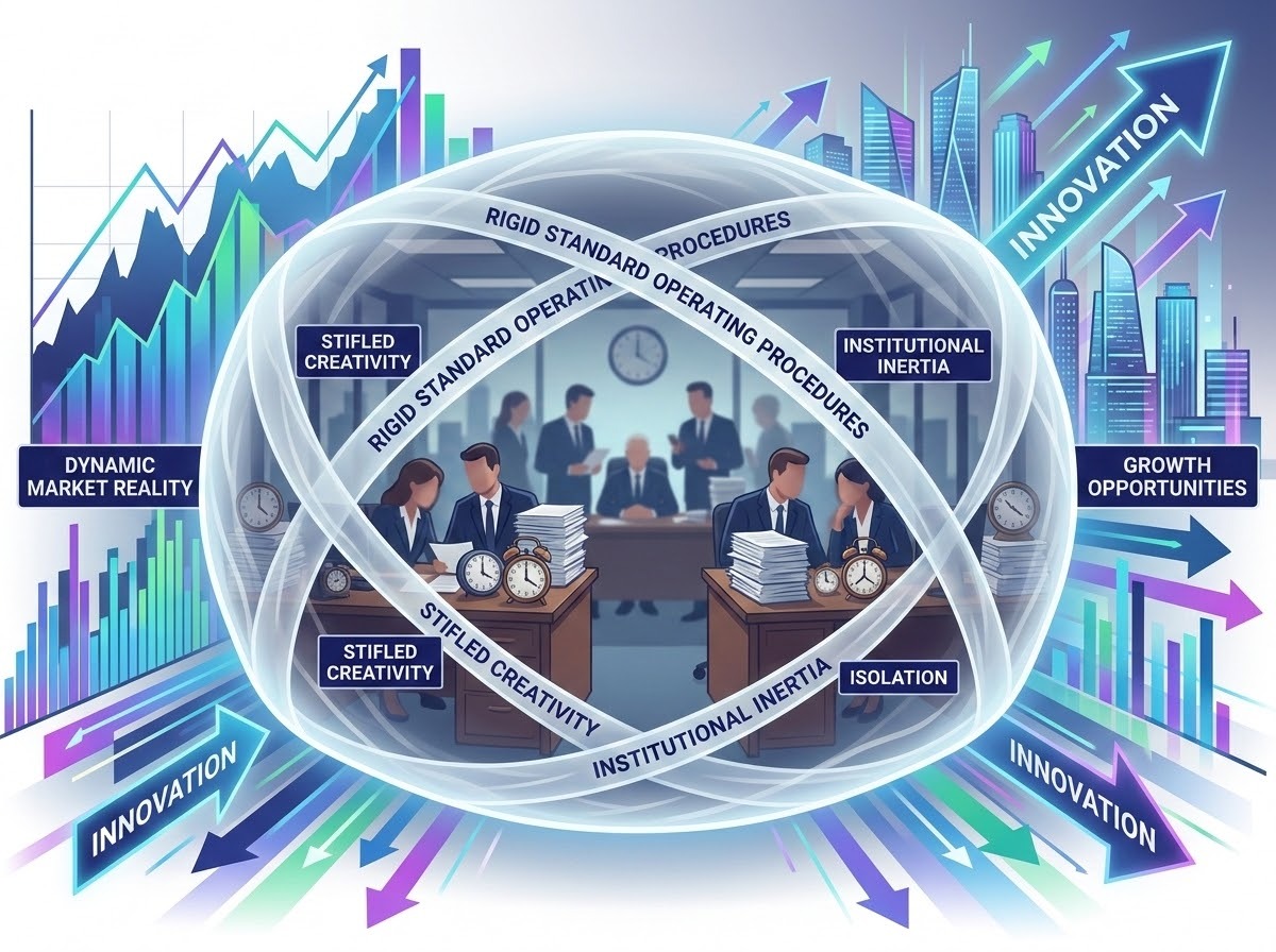 A conceptual visual metaphor of a 'cocoon-like' organizational environment. In the center, a corporate office is encased in a thick, translucent, and slightly glowing silk cocoon, representing rigid standard operating procedures and institutional inertia. Inside the cocoon, blurred figures of office workers and leaders are huddled around traditional desks, focused inward on stacks of paper and old-fashioned clocks, oblivious to the world outside. Outside the cocoon, the business landscape is a vibrant, fast-moving, and colorful digital world with soaring data graphs, futuristic skylines, and glowing arrows pointing towards innovation. The contrast highlights the isolation and stifled creativity within the firm compared to the dynamic market reality.
