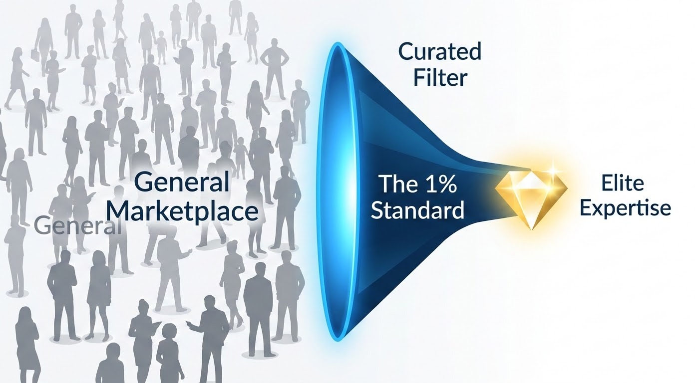 A professional, conceptual flat-style vector illustration showing a clear contrast between chaos and precision. On the left, a cluttered and disorganized 'General Marketplace' is depicted as a gray, washed-out crowd of generic figures. This side is separated by a sleek, glowing blue 'Curated Filter' or funnel with 'The 1% Standard' inscribed on it. Only a single, brilliant, diamond-like figure emerges from the right side of the filter, glowing with high-quality golden light and symbolizing elite expertise. The overall aesthetic is clean and corporate, using a palette of deep blues, whites, and gold to represent premium quality and streamlined efficiency.