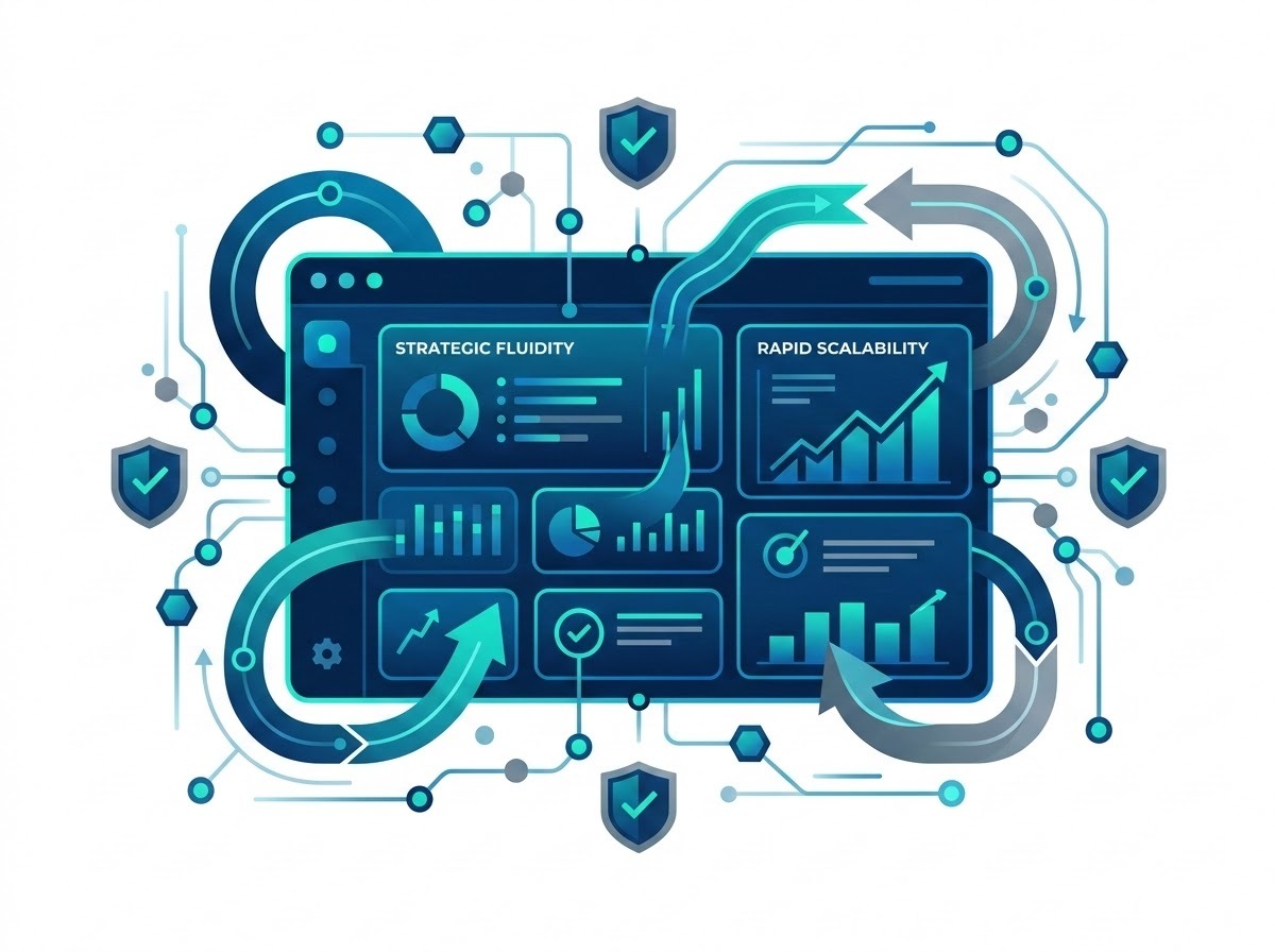 A professional infographic-style illustration representing a future-proofed marketing stack. The central element is a modular, glowing digital dashboard showcasing 'strategic fluidity' and 'rapid scalability.' Interconnected nodes and sleek data lines symbolize a secure, distributed infrastructure. Visual metaphors for agility, such as flexible geometric shapes and rapid-pivot arrows, are integrated into a clean, modern growth-hacking theme. The color palette consists of professional deep blues, vibrant teals, and secure grays, emphasizing data integrity and technical excellence.