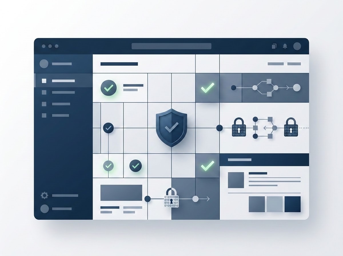 A clean and authoritative conceptual illustration representing digital trust and software professionalism. The image features a minimalist, high-quality user interface dashboard with secure elements like a subtle shield icon, glowing checkmarks, and data encryption symbols. The color palette is composed of trustworthy deep blues, slate grays, and crisp whites. The layout is perfectly organized and geometric, suggesting stability, precision, and a sophisticated software experience that engenders user confidence.