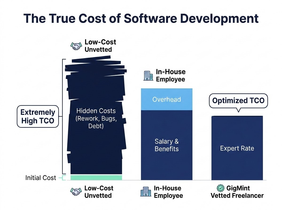 A professional infographic titled 'The True Cost of Software Development' comparing three developer types: 'Low-Cost Unvetted', 'In-House Employee', and 'GigMint Vetted Freelancer'. The graphic uses a stacked bar chart or split-cost visualization for each type. The 'Low-Cost Unvetted' bar shows a tiny sliver for 'Initial Cost' but a massive, dark-colored block on top for 'Hidden Costs (Rework, Bugs, Debt)' labeled 'Extremely High TCO'. The 'In-House' bar shows a large base for 'Salary & Benefits' and a moderate block for 'Overhead'. The 'GigMint Vetted' bar shows a fair 'Expert Rate' with almost zero 'Hidden Costs' block, labeled 'Optimized TCO'. Clean, modern business style with navy, white, and mint green accents.