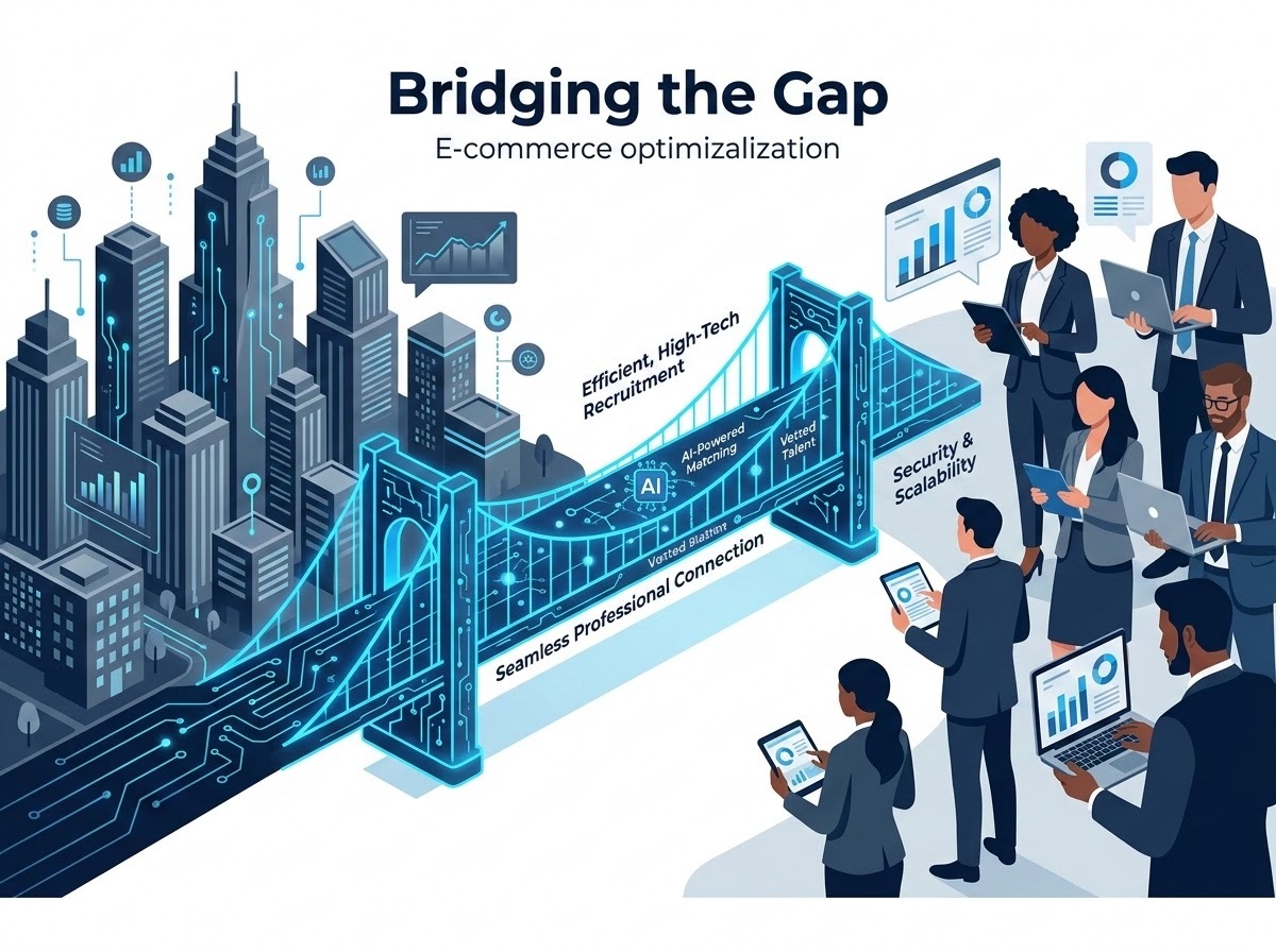 A professional, clean, and modern digital illustration acting as a visual metaphor for 'Bridging the Gap'. On one side, a sleek, futuristic city representing e-commerce businesses; on the other, a group of diverse, professional marketing experts. A glowing, blue digital bridge composed of data points and AI circuitry connects the two sides. The aesthetic uses a palette of deep navy, slate gray, and vibrant electric blue, symbolizing efficient, high-tech recruitment and seamless professional connection.