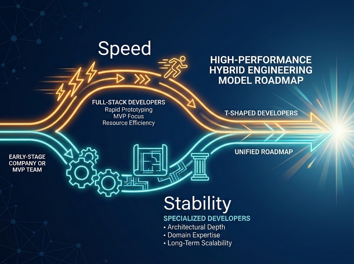 A modern, professional tech-focused business strategy illustration. A stylized path on a dark blue background begins as a single line and branches into two distinct, glowing neon paths. One path is labeled 'Speed' with symbols of lightning and agility, representing full-stack developers. The other path is labeled 'Stability' with symbols of gears and architectural depth, representing specialized developers. The two paths then converge and merge into a single, glowing, unified roadmap that stretches toward a bright horizon, symbolizing a high-performance hybrid engineering model.