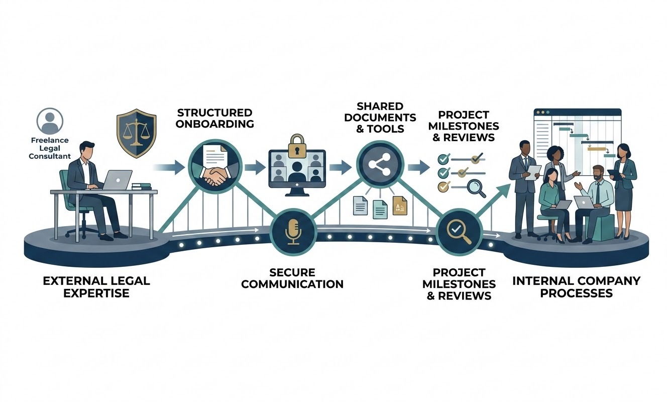 A clean, modern professional illustration depicting the integration of a freelance legal consultant into a business team. The image shows a digital workspace with interconnected nodes representing systematic project management, collaborative tools like shared documents and video conferencing, and a seamless bridge between external legal expertise and internal company processes, in a professional business-oriented style.