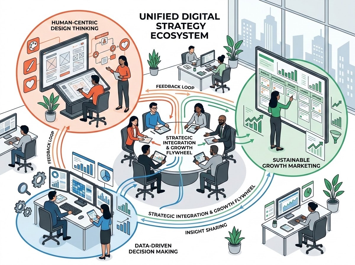 A modern and professional digital workspace showing a cross-functional team of designers, data analysts, and growth marketers collaborating. The scene features diverse professionals working with digital interfaces, screens displaying data visualizations and UI wireframes, and agile workflow elements like kanban boards. The atmosphere is bright, minimalist, and high-tech, emphasizing unity and strategic integration.