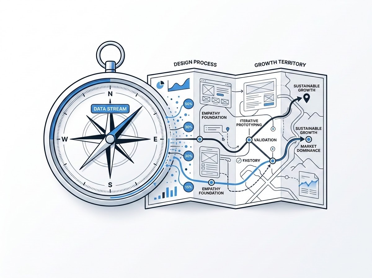 A professional, modern infographic illustration representing the intersection of data and design. The visual shows a sleek digital compass and a detailed navigational map merging seamlessly together. The aesthetic is clean and sophisticated, using a minimalist color palette and high-quality digital rendering to symbolize how data guides the design process.