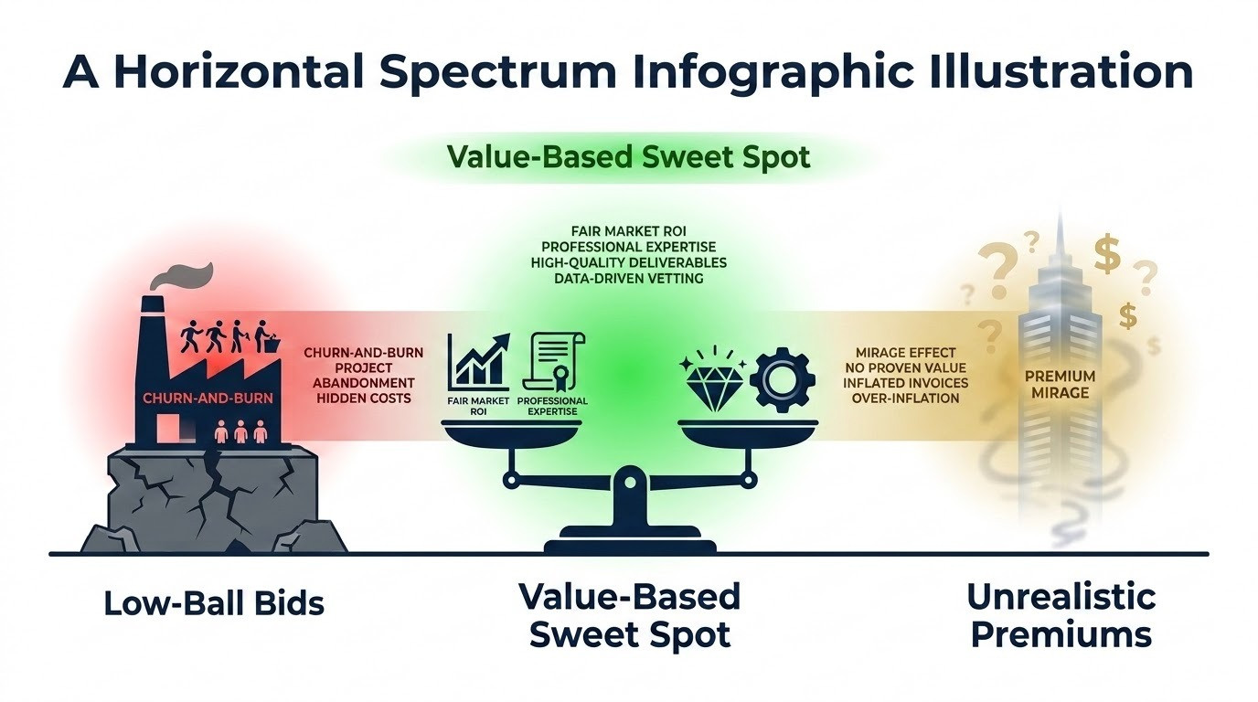 A professional, modern infographic illustrating the pricing spectrum in freelance hiring. On the far left, a 'Low-Ball Bids' zone is colored in warning red, symbolized by a crumbling foundation and a 'churn-and-burn' icon. On the far right, an 'Unrealistic Premiums' zone is colored in a hazy gold, represented by a mirage-like skyscraper with no substance. In the center, a vibrant green 'Value-Based Sweet Spot' is highlighted, symbolized by a balanced scale and a diamond, representing the intersection of fair market ROI, professional expertise, and high-quality deliverables. The design is minimalist, using deep blues and clean typography to match the document's professional style.