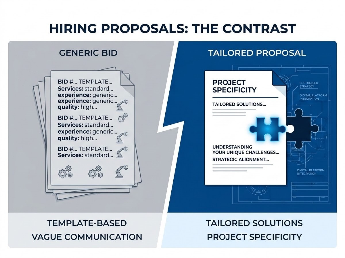 A professional, clean, and modern business illustration representing the contrast in hiring proposals. On one side, a dull, gray stack of identical, robotic, template-based papers representing a generic bid. On the other side, a vibrant, customized proposal document featuring a unique puzzle piece icon that fits perfectly into a larger, missing gap in a complex project blueprint, symbolizing project specificity and tailored solutions. The style is minimalist with a professional color palette of deep blues and accents of light gray.