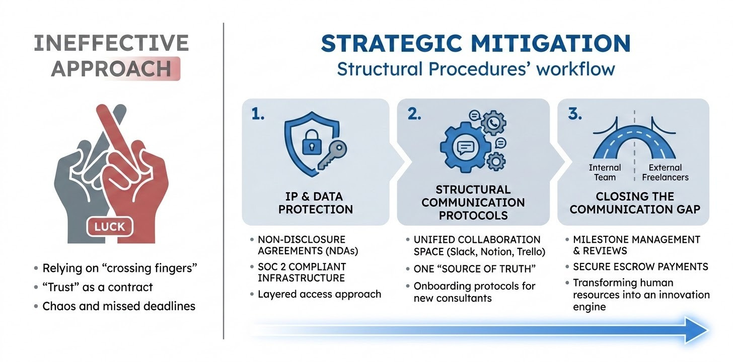 A professional business infographic illustrating risk mitigation in freelance collaboration. On the left, a section labeled 'Ineffective Approach' shows a crossed-fingers icon representing luck-based management. On the right, a section labeled 'Strategic Mitigation' features a robust 'Structural Procedures' workflow. Key icons include a security shield for IP and data protection, a gear icon representing structural communication protocols, and a bridge/pathway icon illustrating the closure of communication gaps. The color palette uses professional blues and greys with a clean, minimalist design on a white background.