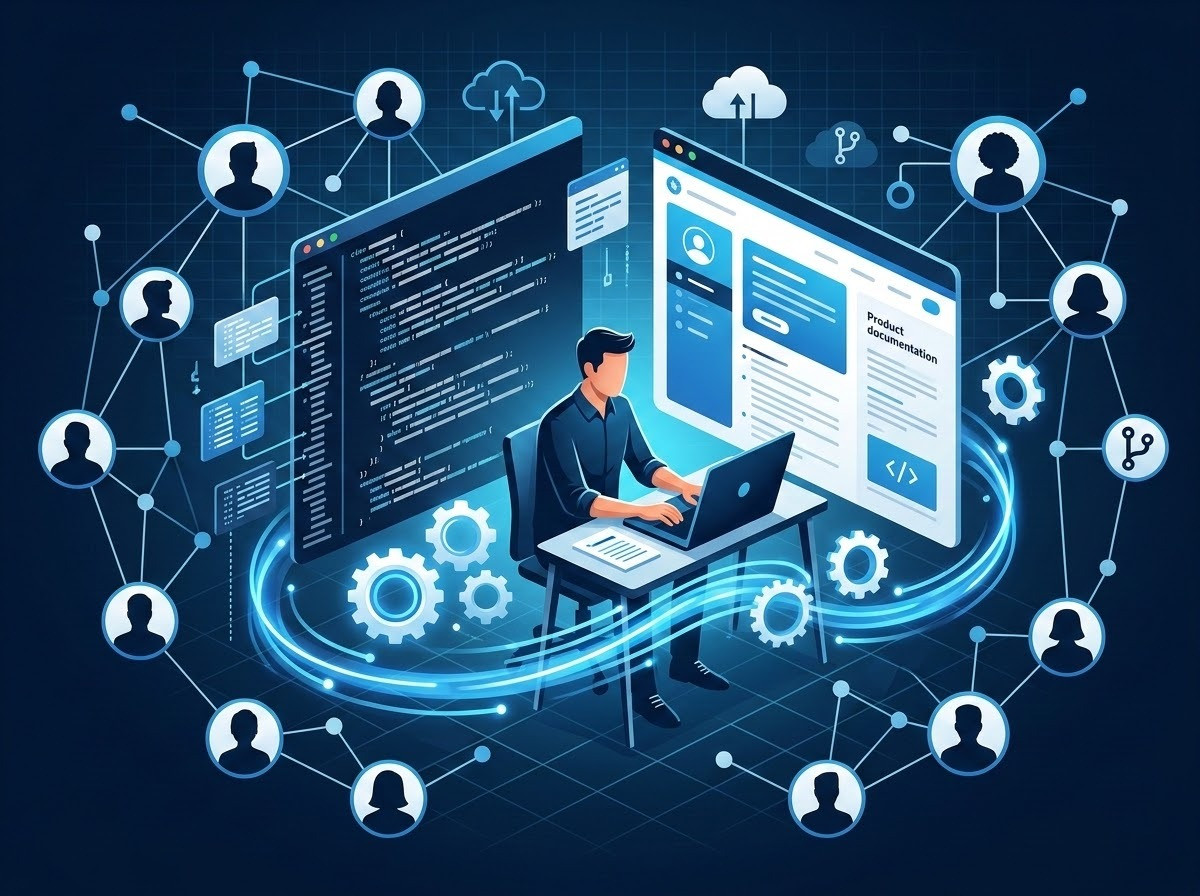 A professional and modern conceptual illustration depicting 'The Strategic Advantage of Freelance Talent.' The image features a dynamic network of interconnected digital nodes and human silhouettes, with a central figure representing an expert freelance writer bridging the gap between a complex code repository and a polished user interface. Elements symbolizing agility and flexibility, such as rotating gears and fluid blue light trails, surround the workspace. The background includes a subtle tech-themed grid and abstract icons of cloud computing and version control. The style is clean and high-tech, using a sophisticated color palette of deep navy, electric blue, and crisp white.