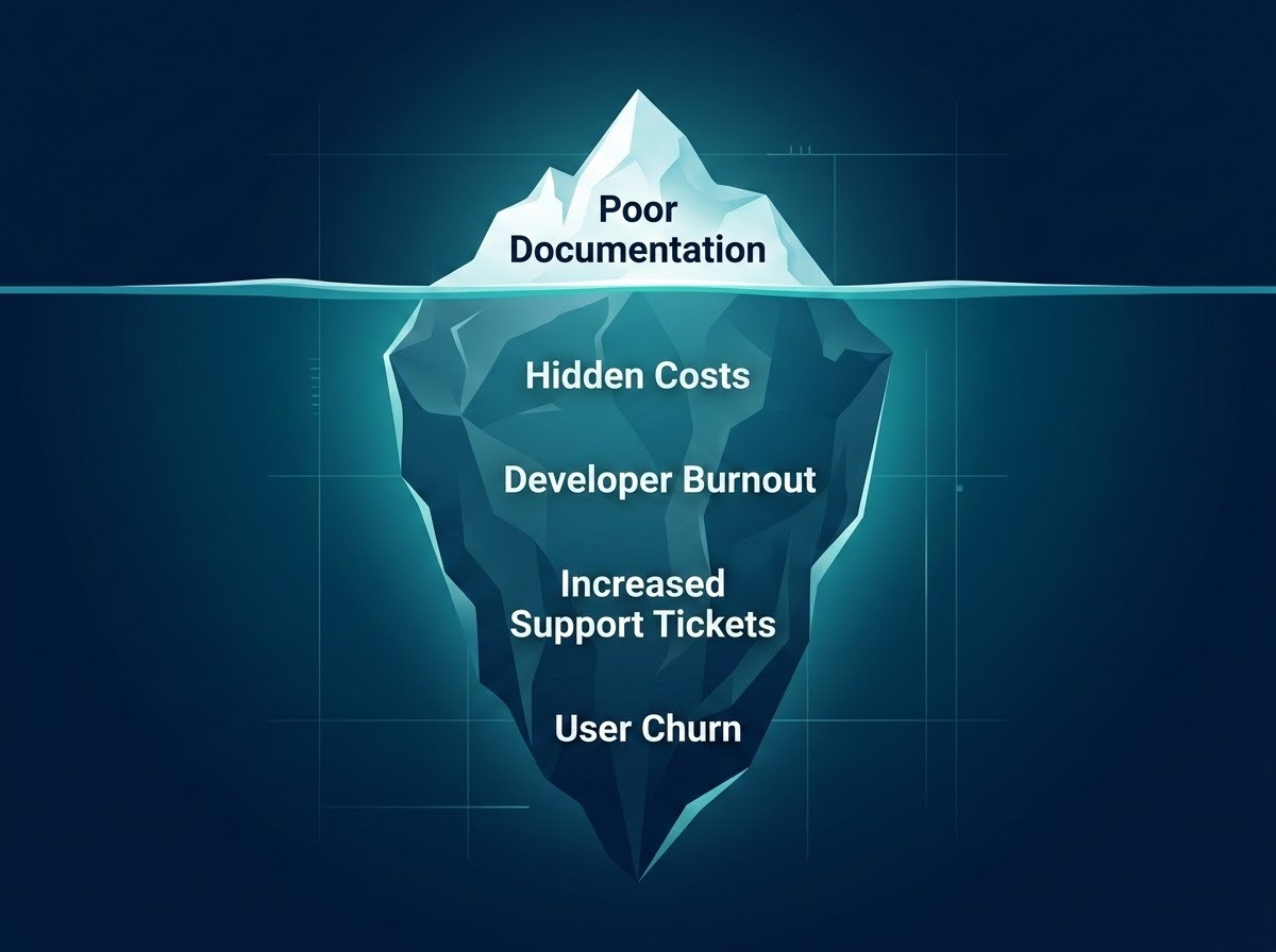 A professional and modern conceptual illustration representing technical debt and hidden costs in software development. The central metaphor is an iceberg in a deep blue digital ocean. The small visible tip above the waterline represents 'Poor Documentation,' while the massive submerged portion represents 'Hidden Costs,' 'Developer Burnout,' 'Increased Support Tickets,' and 'User Churn.' The style is clean and corporate, featuring a palette of navy, teal, and glowing white accents, with subtle technical grid lines in the background to emphasize the tech industry context.