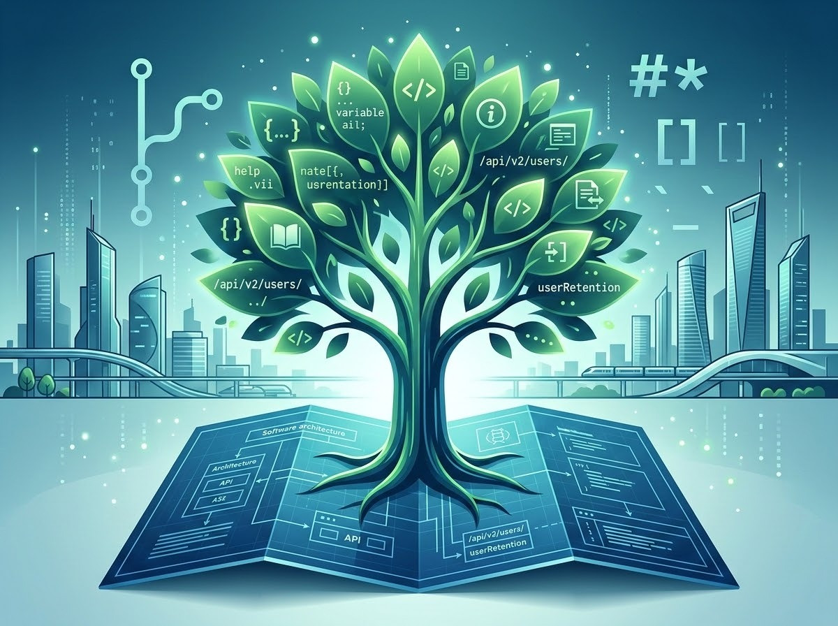 A conceptual and modern illustration representing future-proofing documentation strategy. The image features a digital blueprint of software architecture evolving into a lush green tree where leaves are made of glowing code snippets and documentation icons. In the background, abstract representations of Git version control branches and Markdown symbols blend into a futuristic city skyline, symbolizing technical growth and the 'Docs as Code' philosophy. The style is clean, professional, and high-tech with a color palette of deep blues, teals, and vibrant greens.