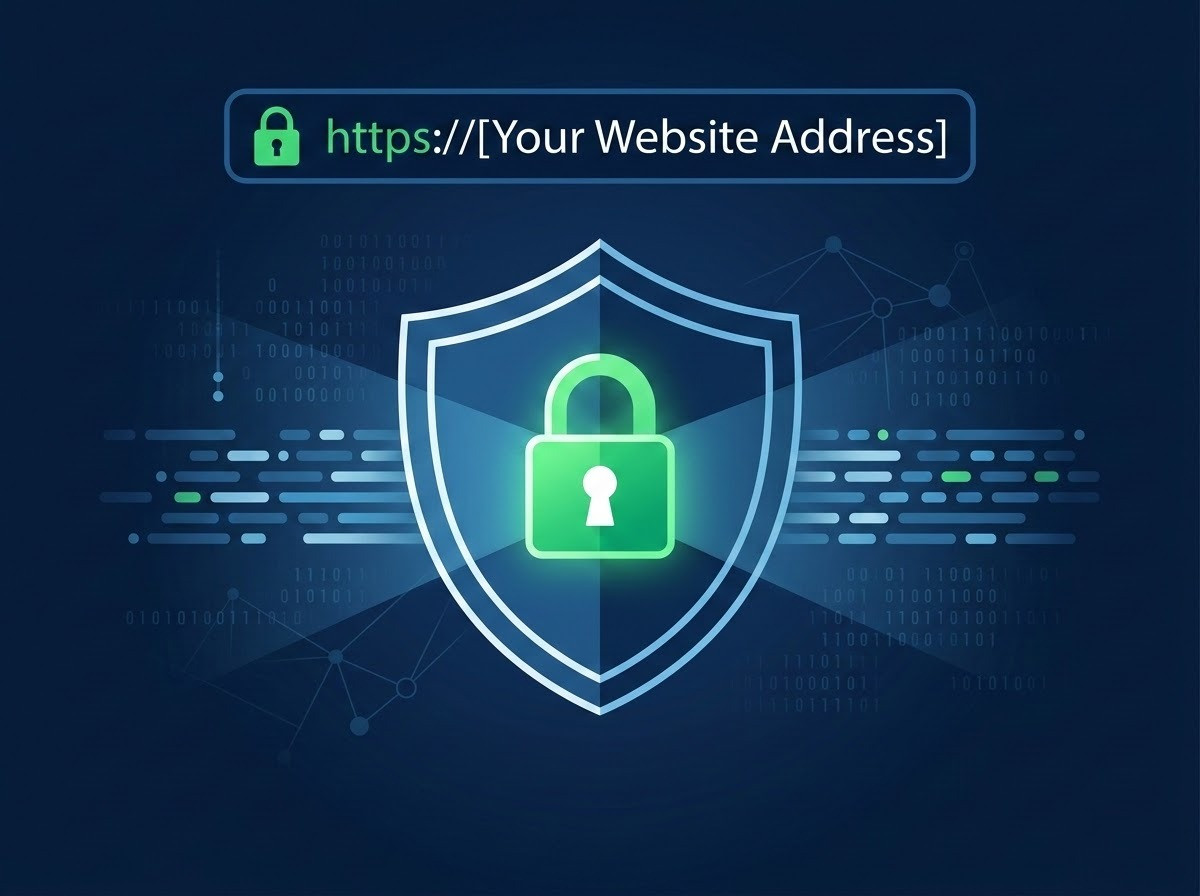 A professional, clean infographic illustration representing web security and SSL encryption. The image features a stylized shield icon with a glowing padlock in the center, set against a dark blue background with faint digital data streams. A URL bar at the top clearly displays 'https://' with a green padlock icon to signify a secure connection. The style is modern and high-quality, using a professional color palette of blues, greens, and whites to convey trust, protection, and data privacy.