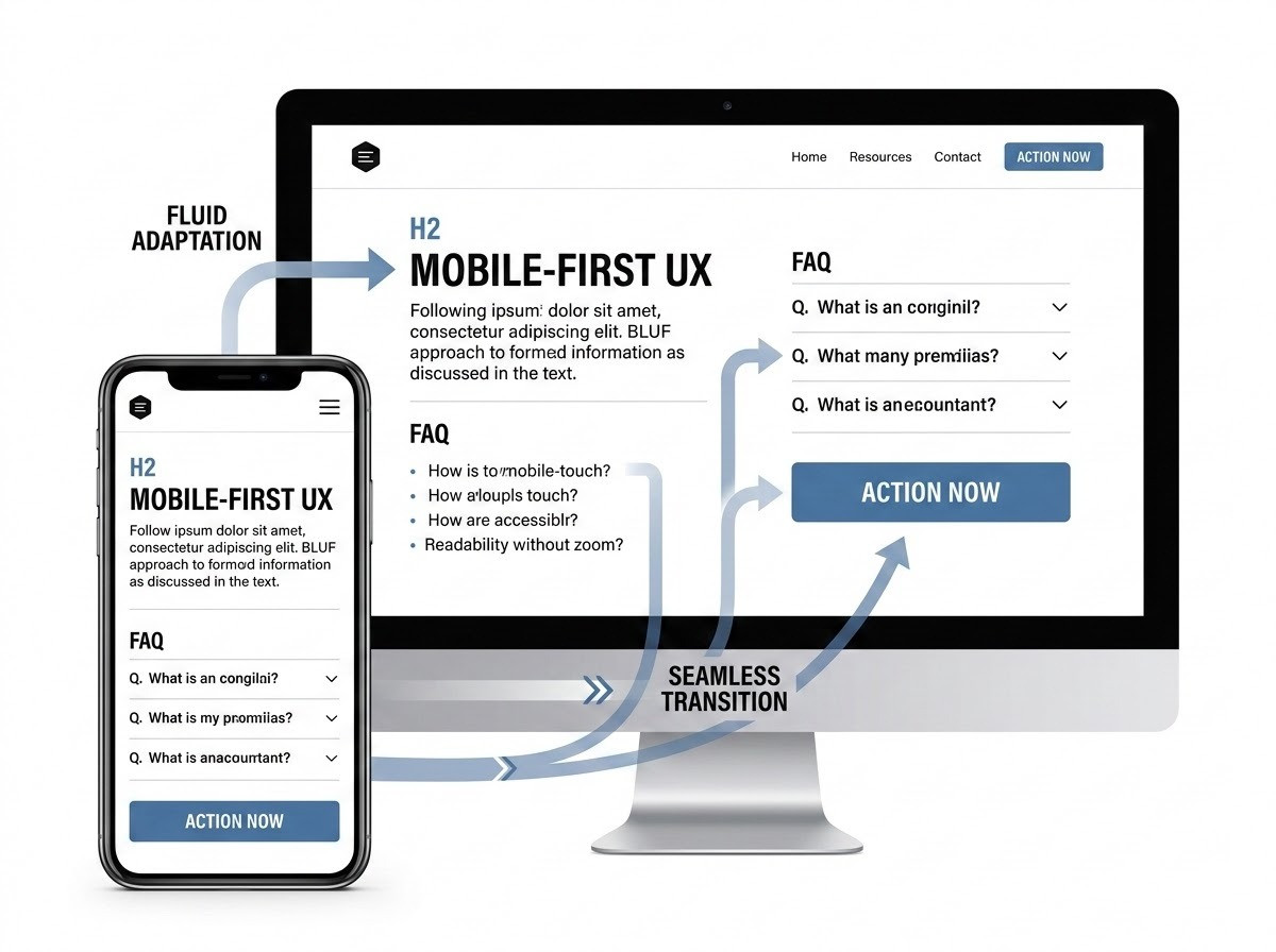 A modern, professional high-quality digital illustration of responsive web design. The image shows a sleek smartphone in the foreground and a large desktop monitor in the background. Both screens display the same website interface, demonstrating a seamless transition where the layout fluidly adapts from the vertical mobile screen to the widescreen desktop view. The style is clean and minimalist, using a professional color palette to emphasize accessibility and a seamless user experience.