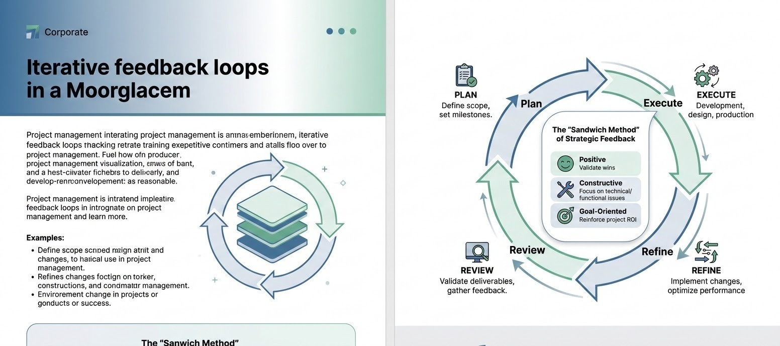A professional, business-style infographic illustrating iterative feedback loops in project management. The central element is a circular flow diagram with four stages: 'Plan', 'Execute', 'Review', and 'Refine', connected by sleek arrows to show a continuous cycle. Included within the graphic is a smaller, stylized call-out box or icon representing the 'Sandwich Method' of communication, labeled with 'Positive', 'Constructive', and 'Goal-Oriented'. The aesthetic is clean and modern, utilizing a corporate color palette that matches the document's existing visual style, with minimalist icons and clear, bold typography.