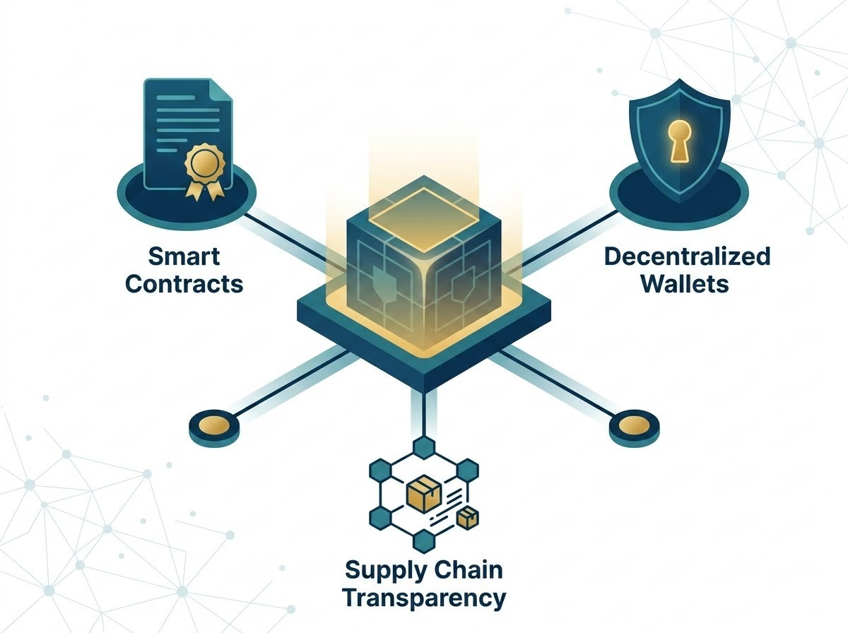 A modern and professional illustration representing practical Blockchain and Web3 applications in business. The central focus is a glowing, secure digital ledger block. Radiating from it are clear icons for 'Smart Contracts' (stylized digital documents with a seal), 'Decentralized Wallets' (a digital shield with a keyhole), and 'Supply Chain Transparency' (interlinked nodes). The color palette uses deep blues, teals, and gold accents to convey trust, security, and innovation. The background features subtle digital network patterns, emphasizing a transparent and decentralized ecosystem.