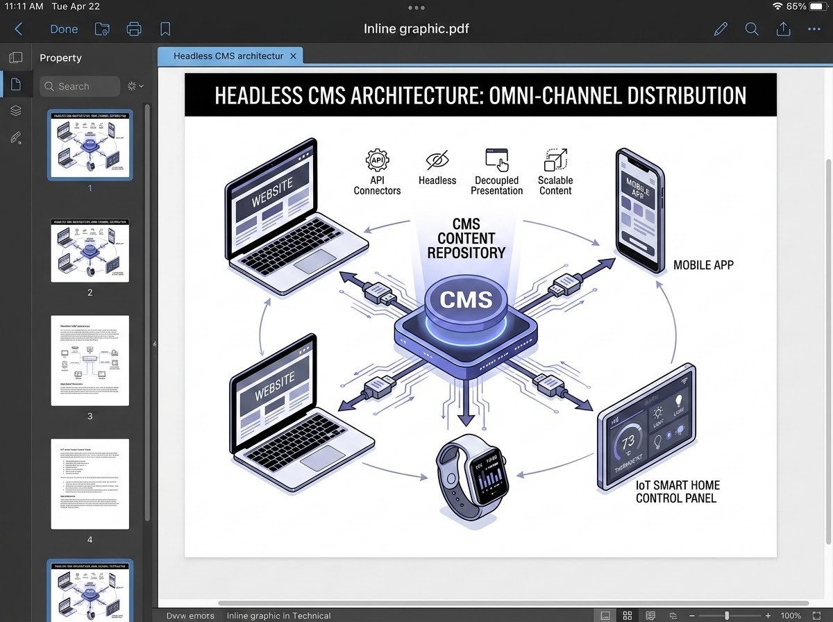 A conceptual illustration of Headless CMS architecture. At the center is a glowing central content repository labeled 'Body' or 'CMS'. Dynamic data lines and API connectors radiate from this center, distributing content to various peripheral devices including a laptop displaying a website, a smartphone with a mobile app, a sleek smartwatch, and an IoT smart home device. The visual style is modern, clean, and technological, emphasizing the decoupling and omni-channel distribution.