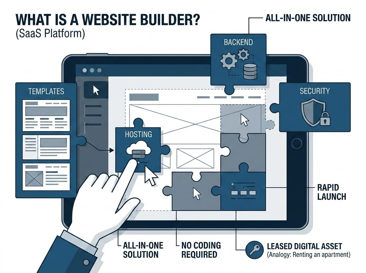 A professional infographic illustrating a 'Website Builder' SaaS platform. The central image shows a user-friendly drag-and-drop interface with various modules like 'Templates', 'Hosting', 'Backend', and 'Security' being assembled into a cohesive website. The style is clean, modern, and corporate, emphasizing an all-in-one, code-free digital solution.