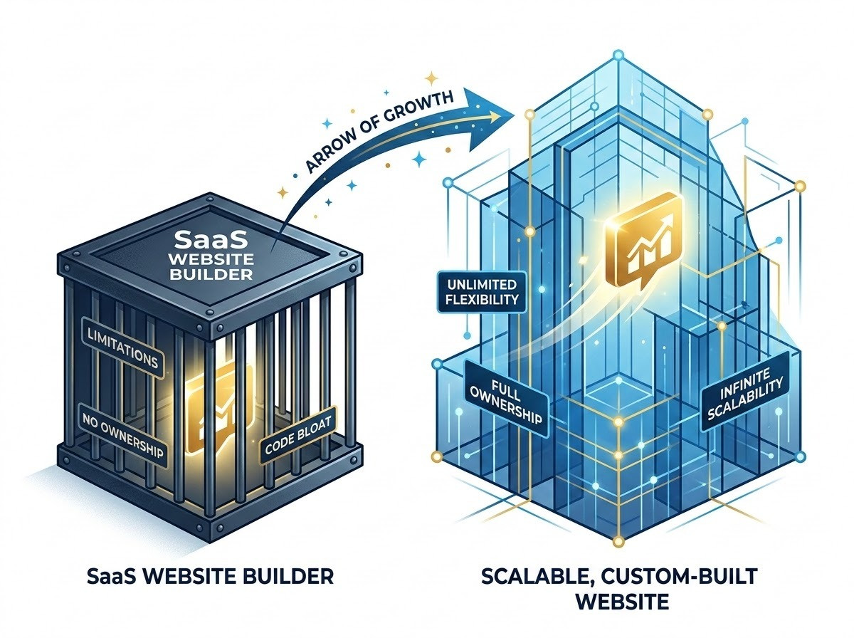 A conceptual infographic showing a business transitioning from a website builder to a custom-built site. On the left, a small, glowing business icon is trapped inside a restrictive, metallic 'iron cage' box representing a SaaS builder. An arrow of growth leads to the right, where the business icon emerges into a vast, open, and luminous digital architectural structure made of clean lines and nodes, symbolizing a scalable, custom-built website. The style is professional, modern, and inspiring, using a palette of corporate blues and golds to emphasize growth and liberation.