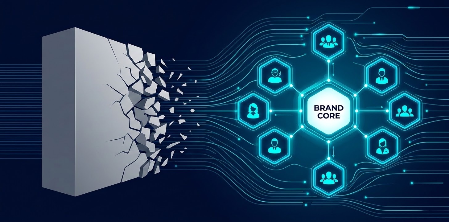 A modern, high-tech conceptual illustration depicting a dynamic and scalable creative infrastructure. On one side, a rigid, monolithic gray structure represents traditional agency models. This dissolves into a vibrant, fluid digital ecosystem. Modular 'team pods' of specialized experts, represented by glowing hexagonal nodes, are shown connecting and disconnecting to a central brand core, symbolizing the ability to scale up and down. The background features a network of sleek, pulsing data lines in a professional palette of deep navy, electric cyan, and clean white, reflecting a responsive and future-proof business strategy.