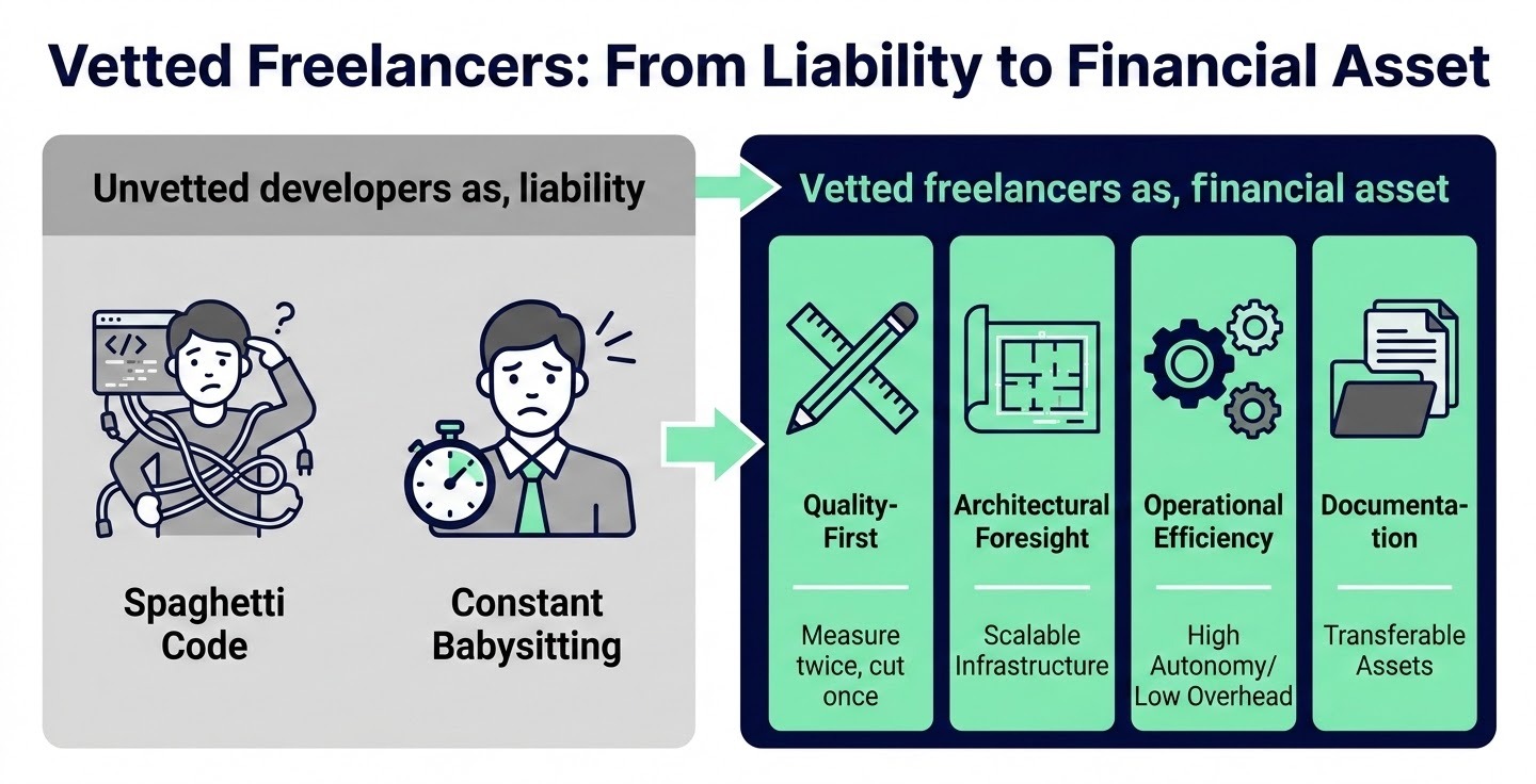 A clean, modern B2B infographic titled 'Vetted Freelancers: From Liability to Financial Asset'. The visual is divided into two halves. The left side (Liability) is gray-toned, representing unvetted developers with icons for 'Spaghetti Code' and 'Constant Babysitting'. An arrow points to the right side (Asset), which is vibrant navy and mint green. The right side features four key pillars with professional icons: 1. Quality-First (a ruler/drafting icon for 'Measure twice, cut once'), 2. Architectural Foresight (a blueprint icon for 'Scalable Infrastructure'), 3. Operational Efficiency (a gears icon for 'High Autonomy/Low Overhead'), and 4. Documentation (a document icon for 'Transferable Assets'). The design is professional and high-contrast.