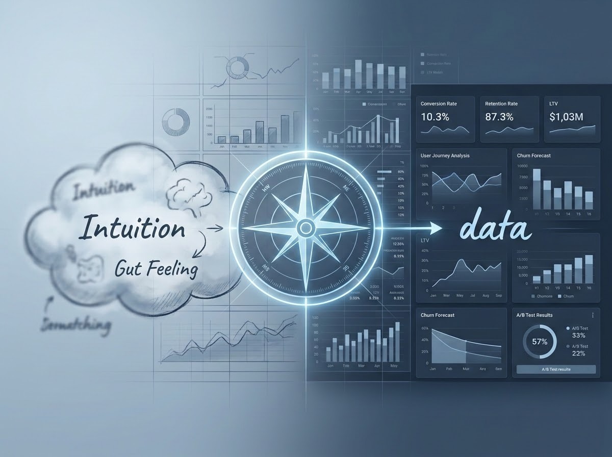 A professional, modern infographic illustration for a digital strategy. The visual depicts a transition from a blurry, hand-drawn 'intuition' cloud to a sharp, high-tech 'data' dashboard. In the center, a glowing digital strategic compass overlays a grid of precise analytical charts and data points. The aesthetic is sophisticated and minimalist, using cool blue and slate tones to represent precision, strategic insight, and the shift from gut-feeling to granular data-driven decision-making.