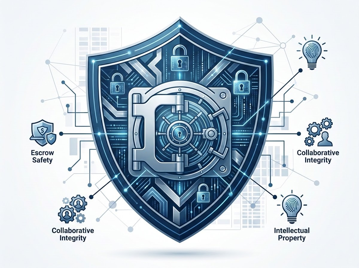 A professional, modern, and tech-oriented conceptual illustration symbolizing digital trust and security infrastructure. The image features a stylized digital shield and a secure vault metaphor integrated with abstract network connectivity lines. Elements include glowing digital locks, blue and silver color palette, and geometric patterns representing data protection, escrow safety, and collaborative integrity for intellectual property. The aesthetic is clean, corporate, and futuristic.